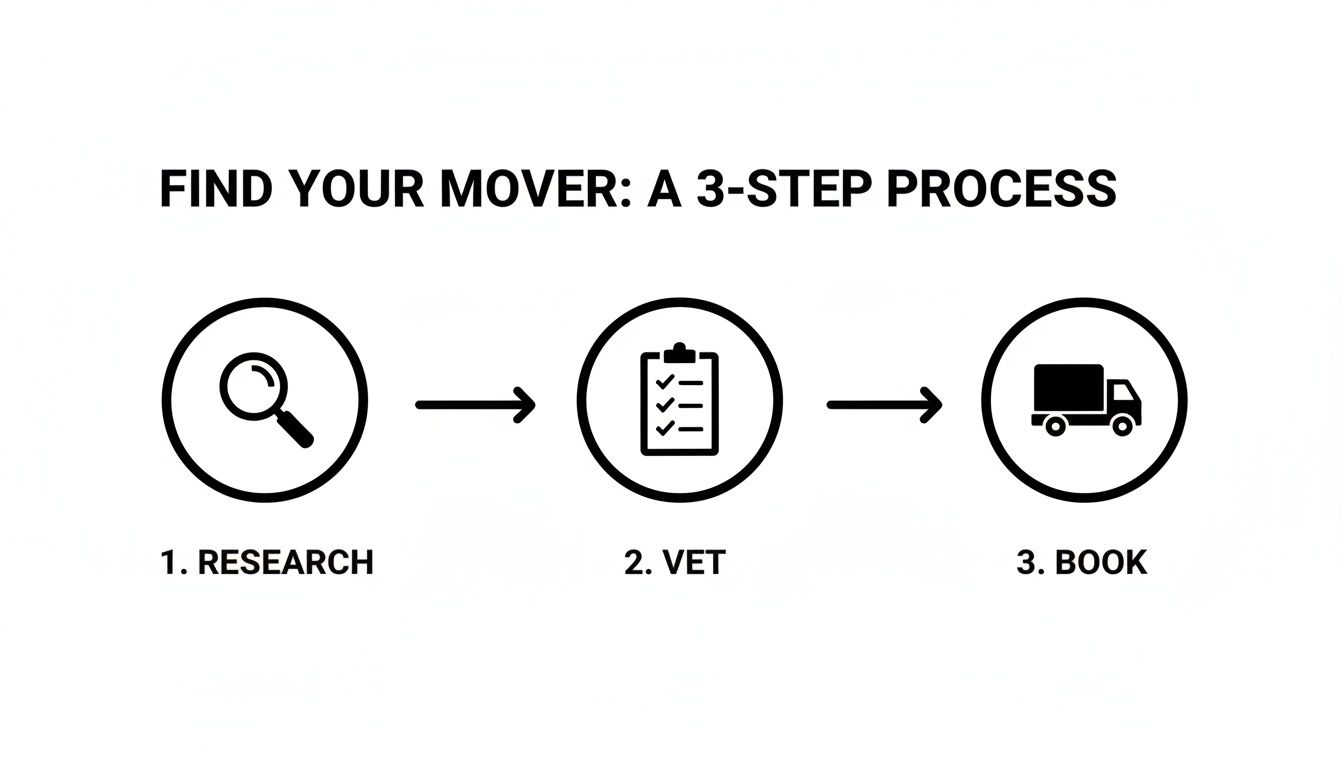 A visual guide detailing a 3-step process to find a moving company: Research, Vet, and Book.