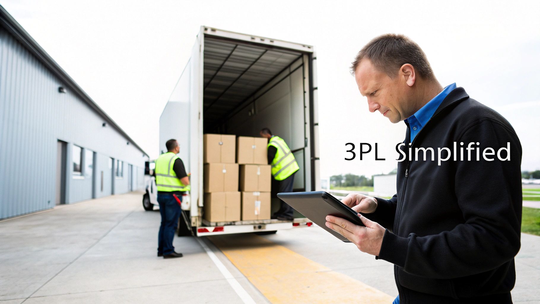 A man uses a tablet while workers load a truck with boxes at a 3PL logistics warehouse.