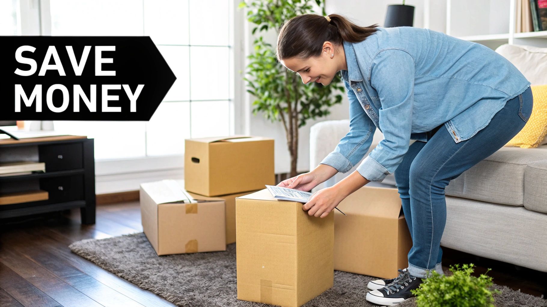 A person placing items into a moving box, symbolising the decluttering and packing process.