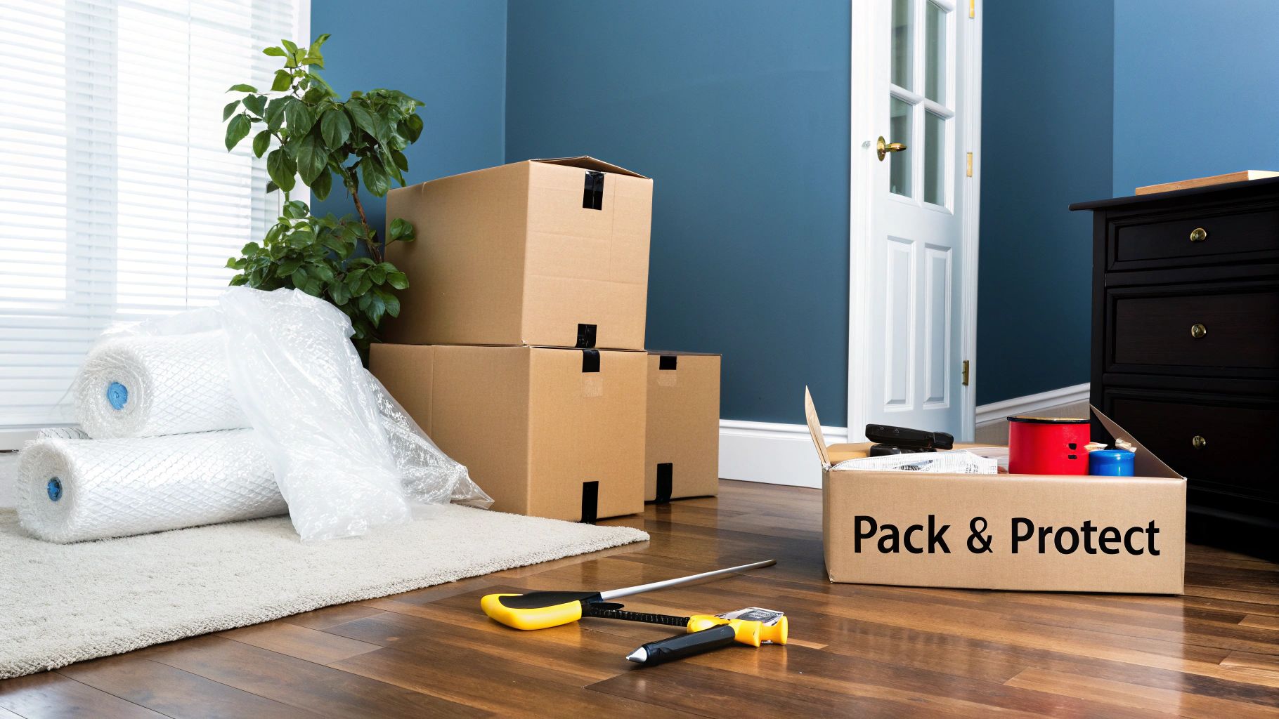 Moving boxes with packing supplies and bubble wrap on wooden floor ready for relocation