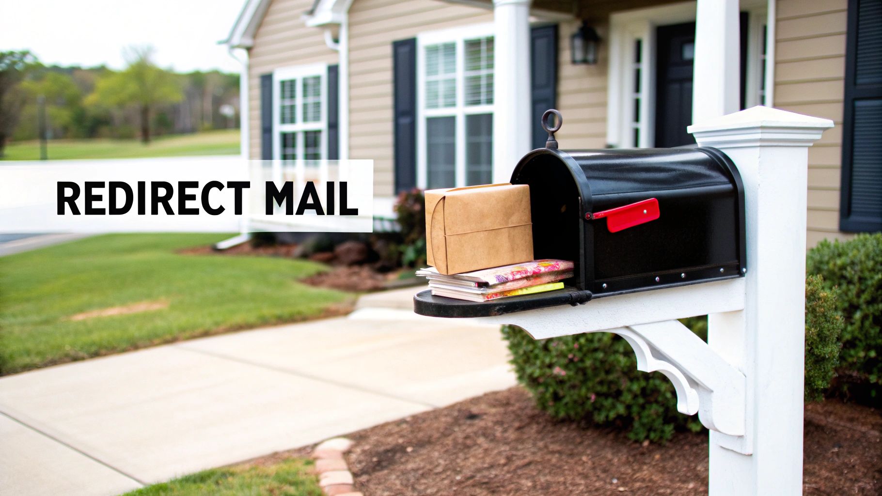 A black mailbox overflowing with mail and a package, with the text 'REDIRECT MAIL' on a banner.