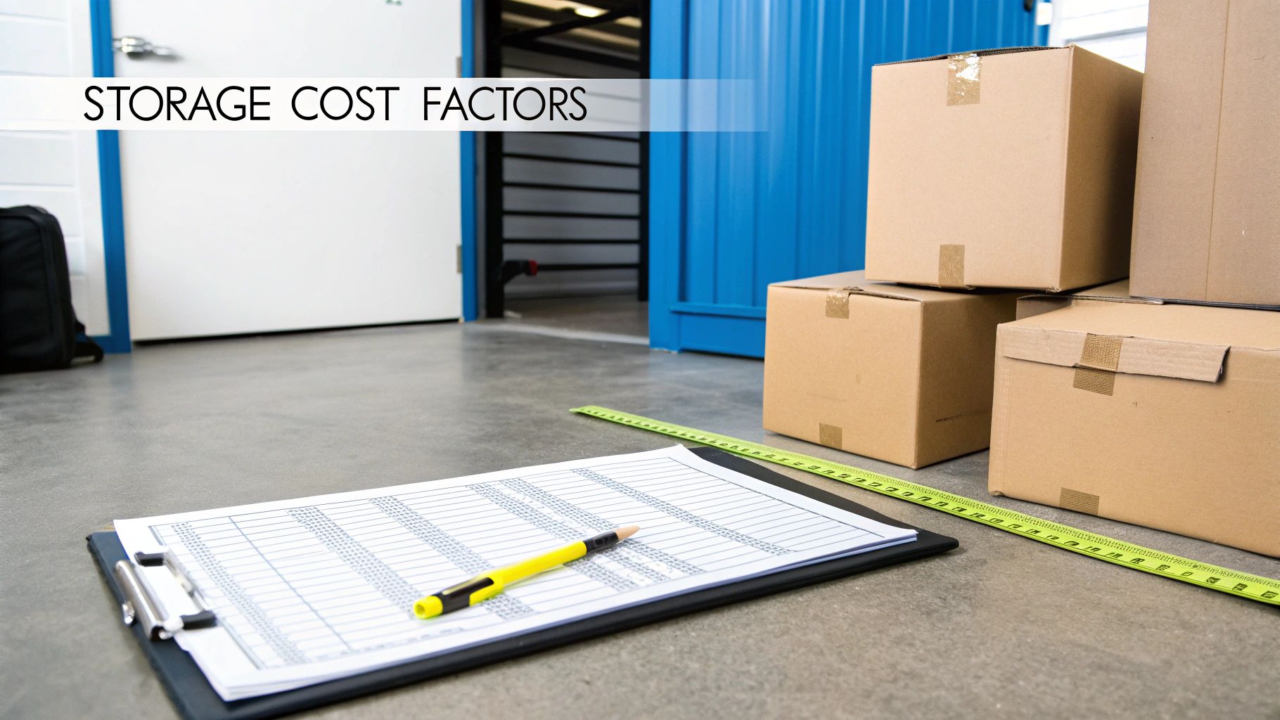 A clipboard with a pen, measuring tape, and stacked cardboard boxes in a storage unit, with 'STORAGE COST FACTORS' text.
