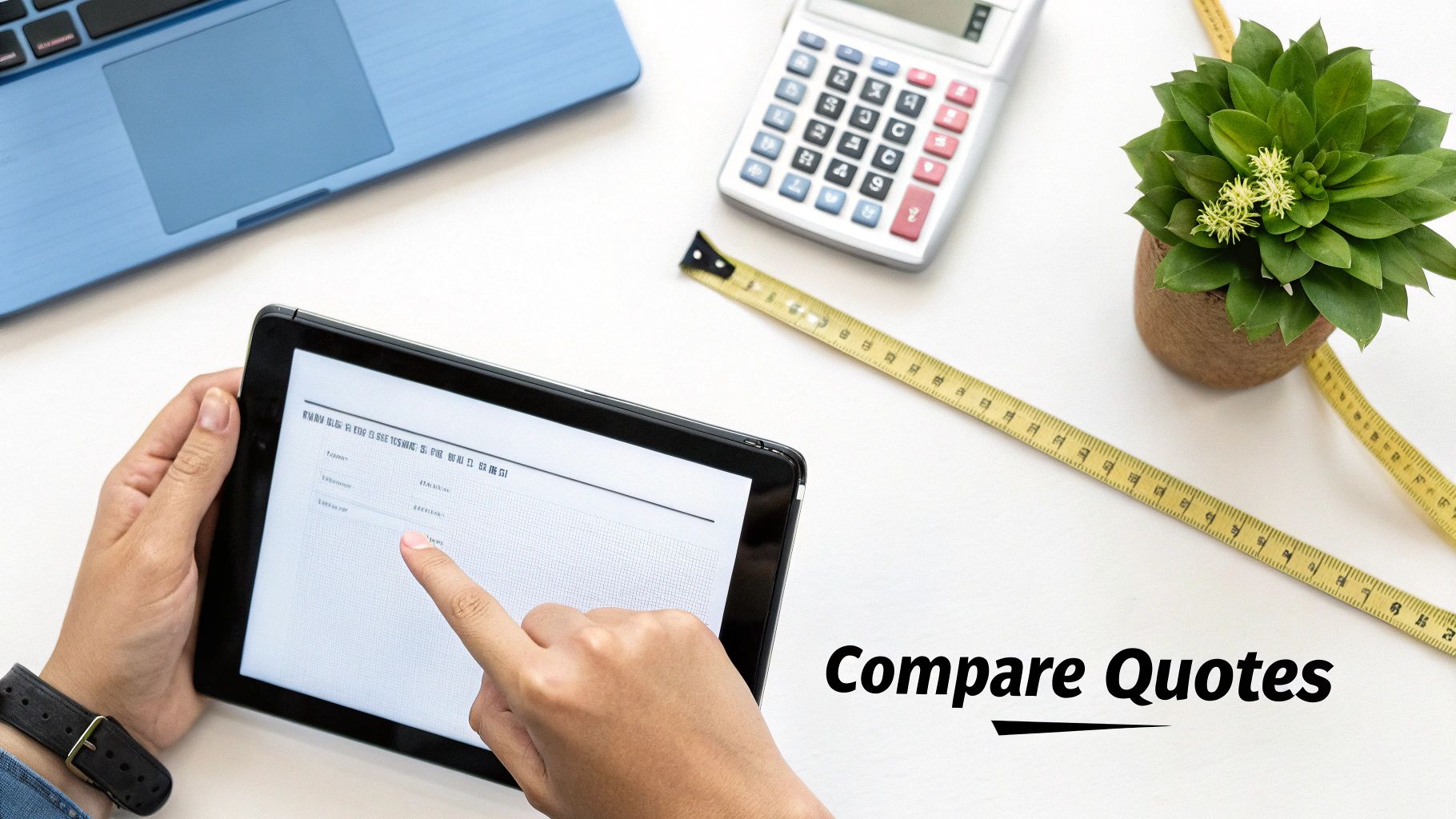Person comparing removal quotes on tablet with calculator and measuring tape on desk