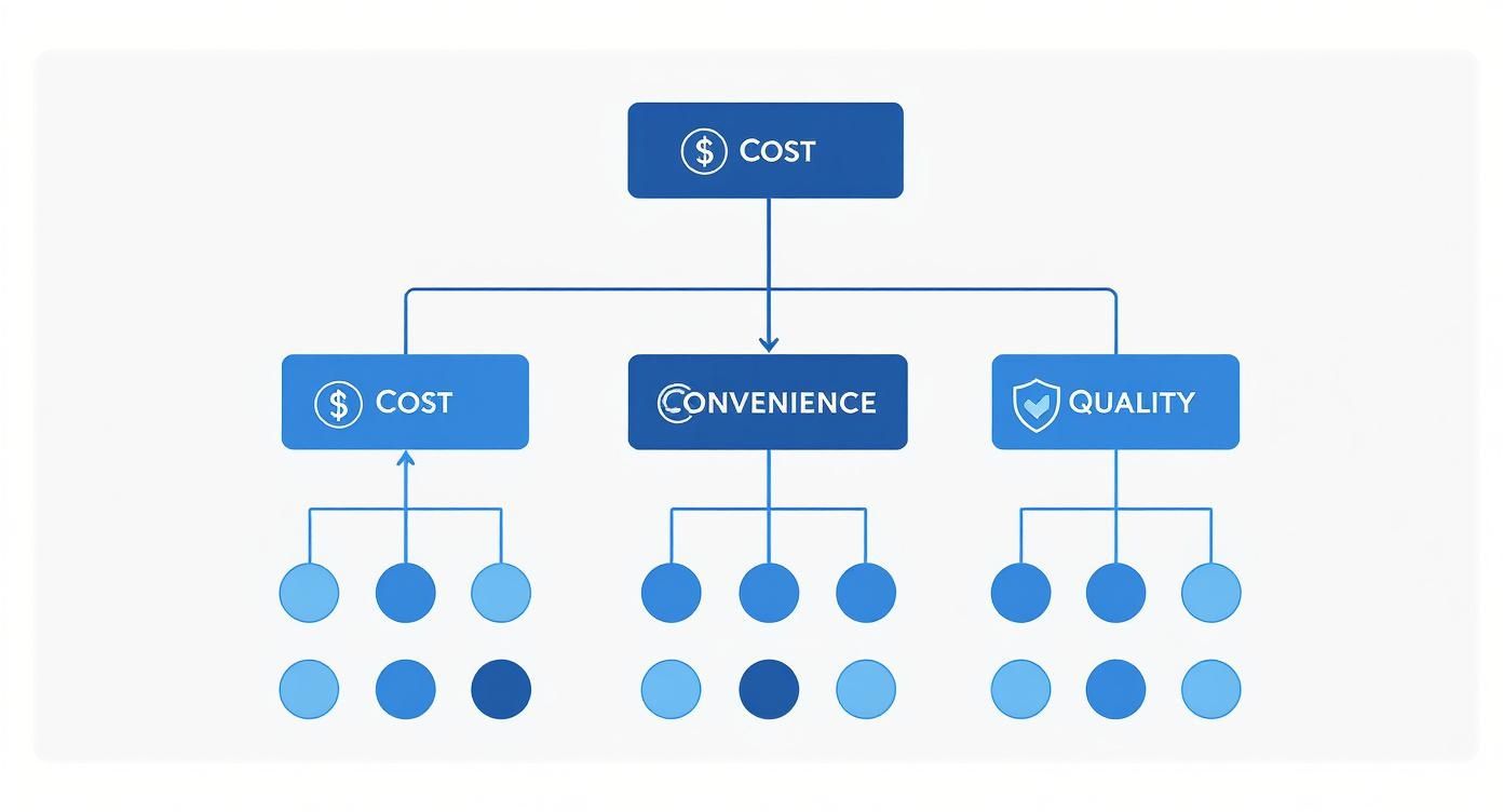 Flowchart showing a top 'Cost' factor branching into 'Cost', 'Convenience', and 'Quality', each with multiple sub-factors.