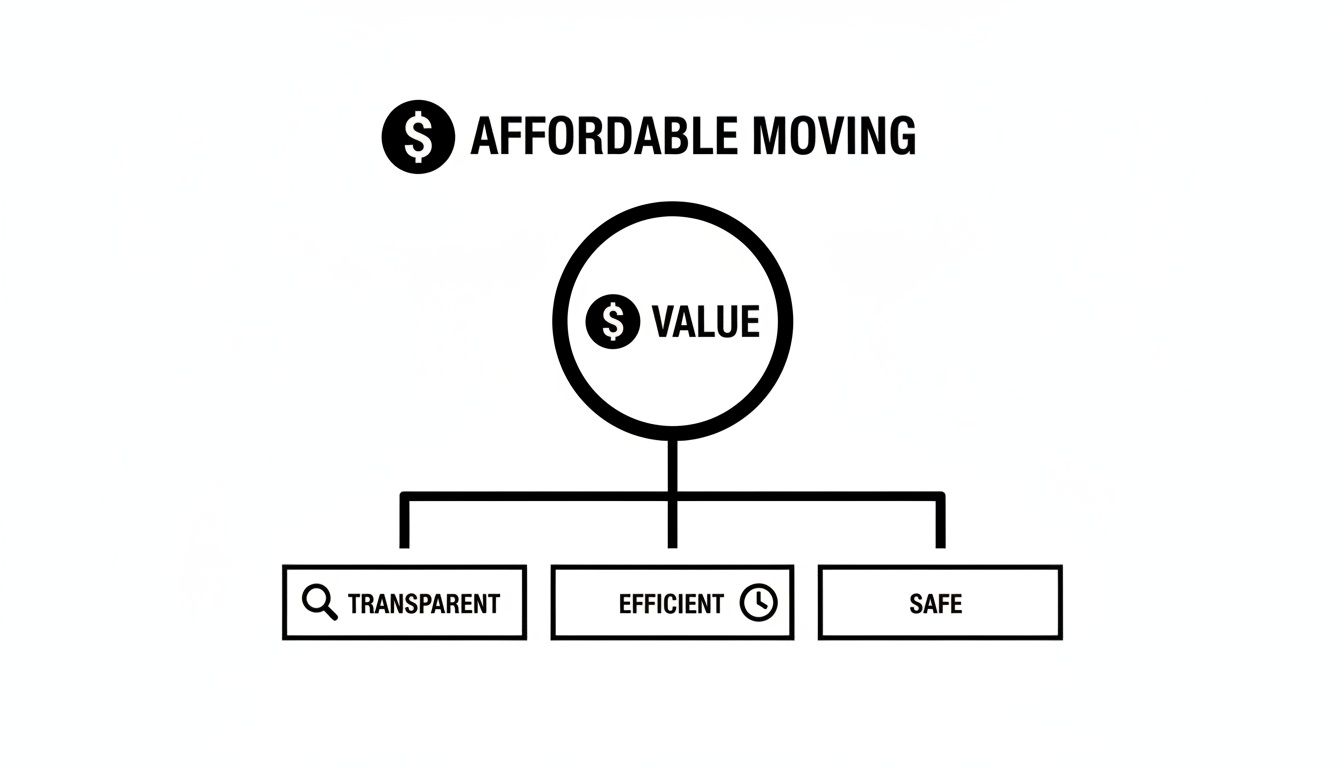 Infographic illustrating affordable moving services, emphasizing value through transparency, efficiency, and safety.