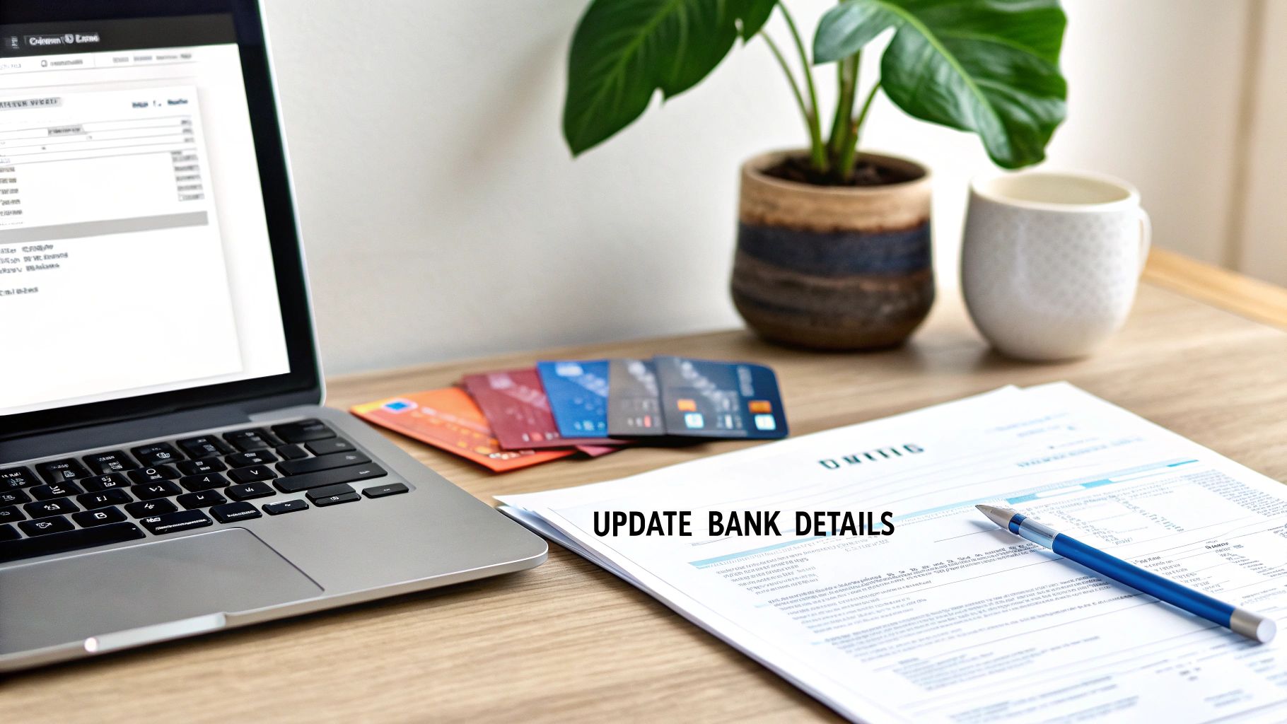 A desk with a laptop, multiple credit cards, a document, and a pen. Text reads 'UPDATE BANK DETAILS'.