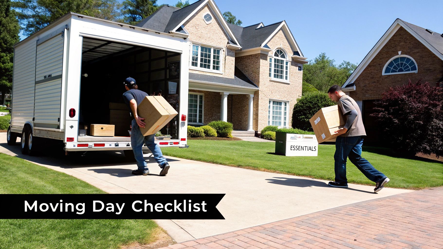 Two men move boxes from a moving truck into a large brick house on a sunny day.