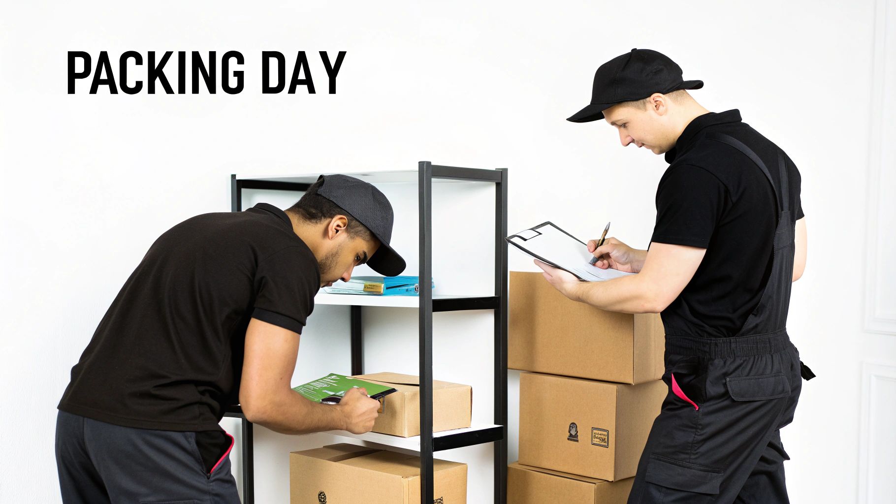 A professional mover carefully packing items into a box.