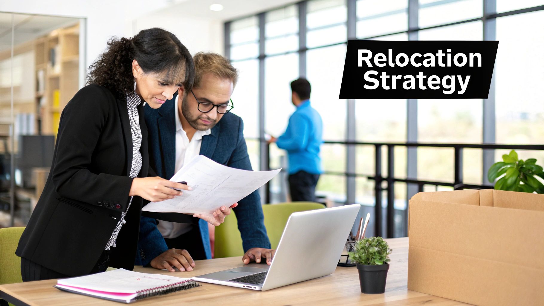A team of professional movers carefully loading boxes and office furniture into a large moving truck, illustrating a well-planned commercial relocation strategy.