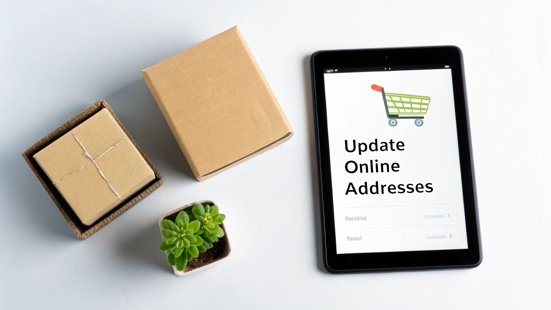 Overhead view of a tablet, moving boxes, and a plant on a white background, highlighting online address updates.