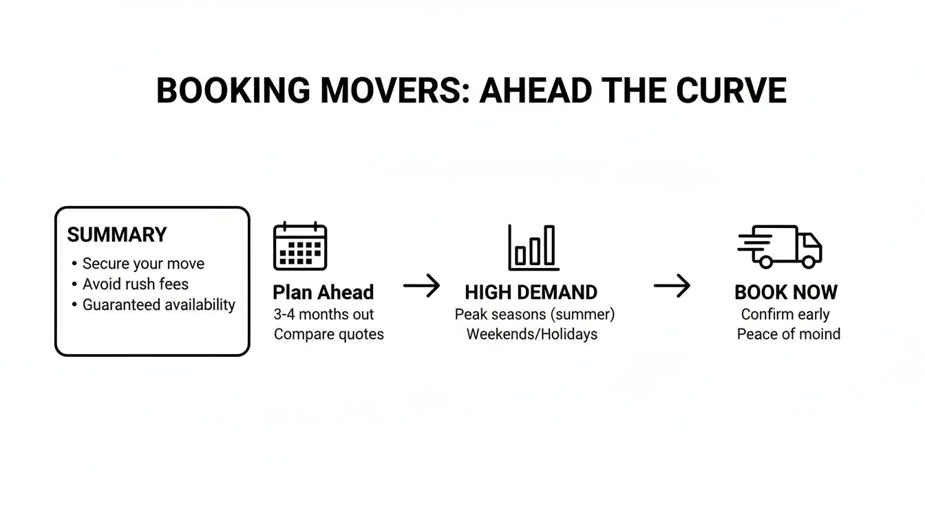 Flowchart outlining the benefits of booking movers in advance to avoid rush fees and ensure availability.