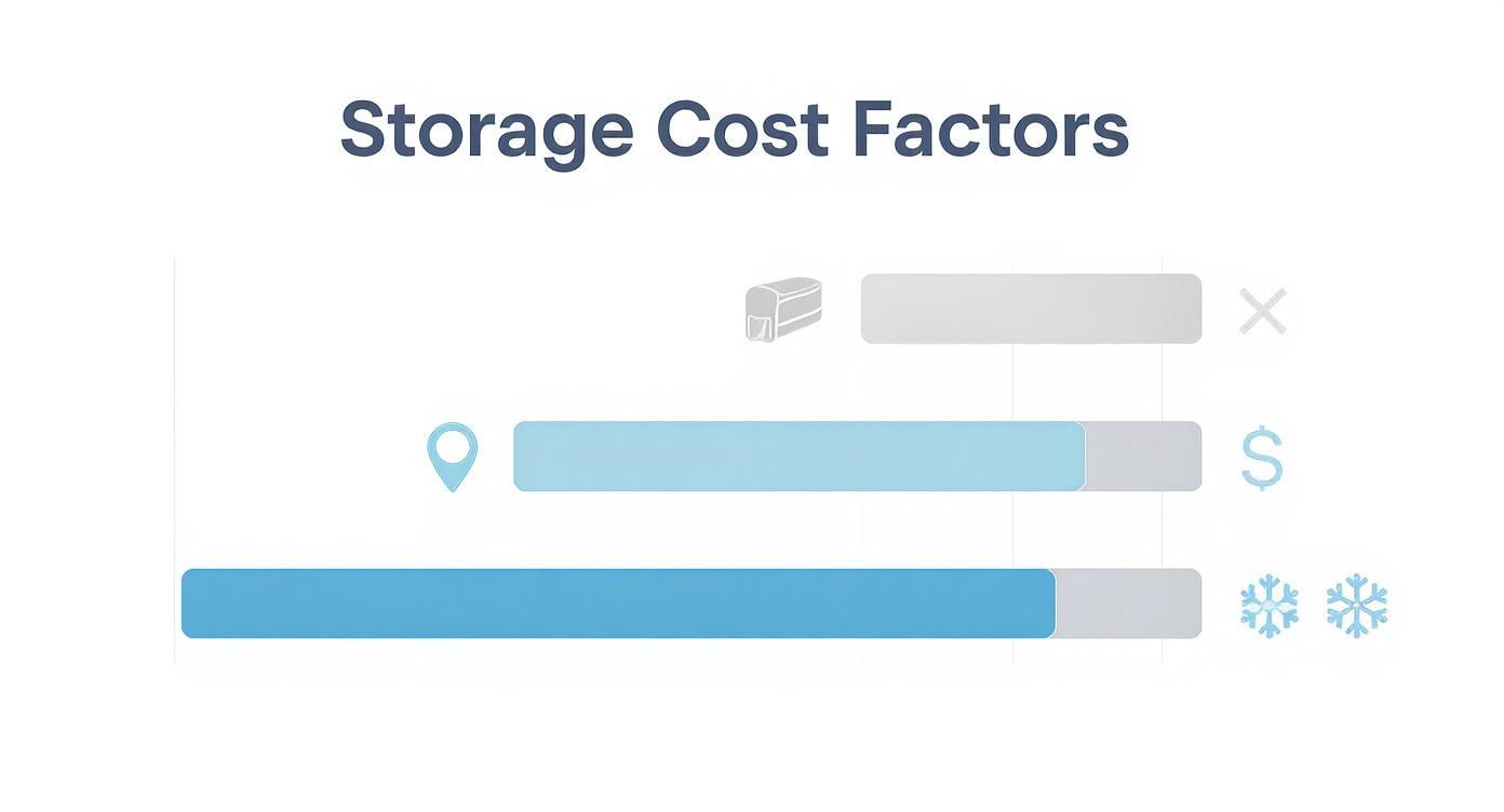 Infographic illustrates three key storage cost factors: volume, location, and temperature control.