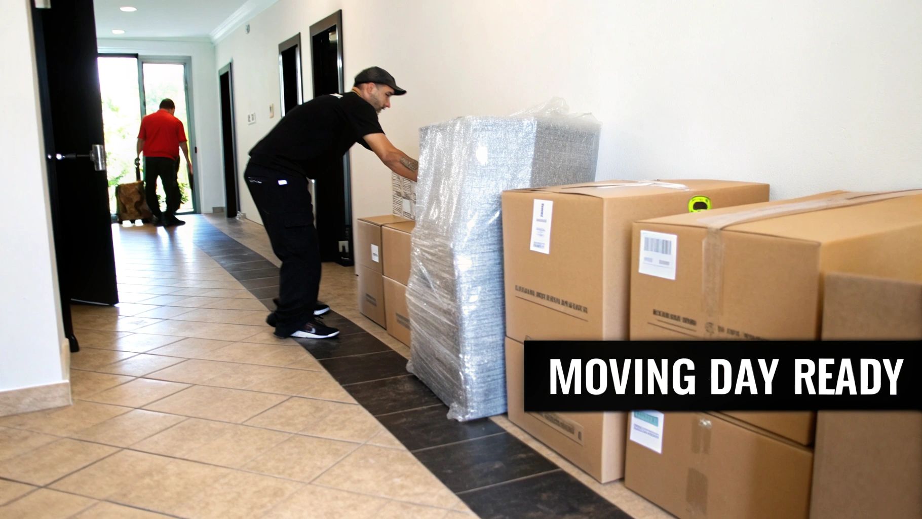 Two men are actively moving boxes and wrapped items in a bright hallway, preparing for a move.