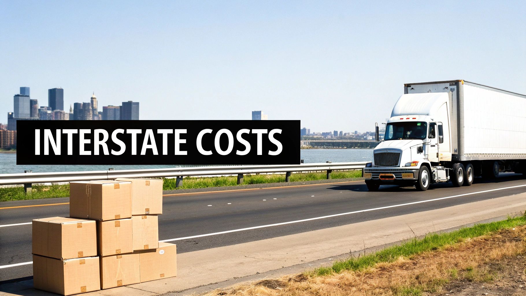 A white semi-truck drives past stacked cardboard boxes on a highway with a city skyline and 'INTERSTATE COSTS' banner.