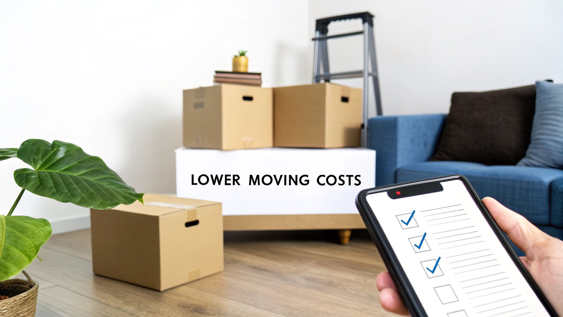 A person holds a phone with a checklist, surrounded by moving boxes, signifying lower moving costs.