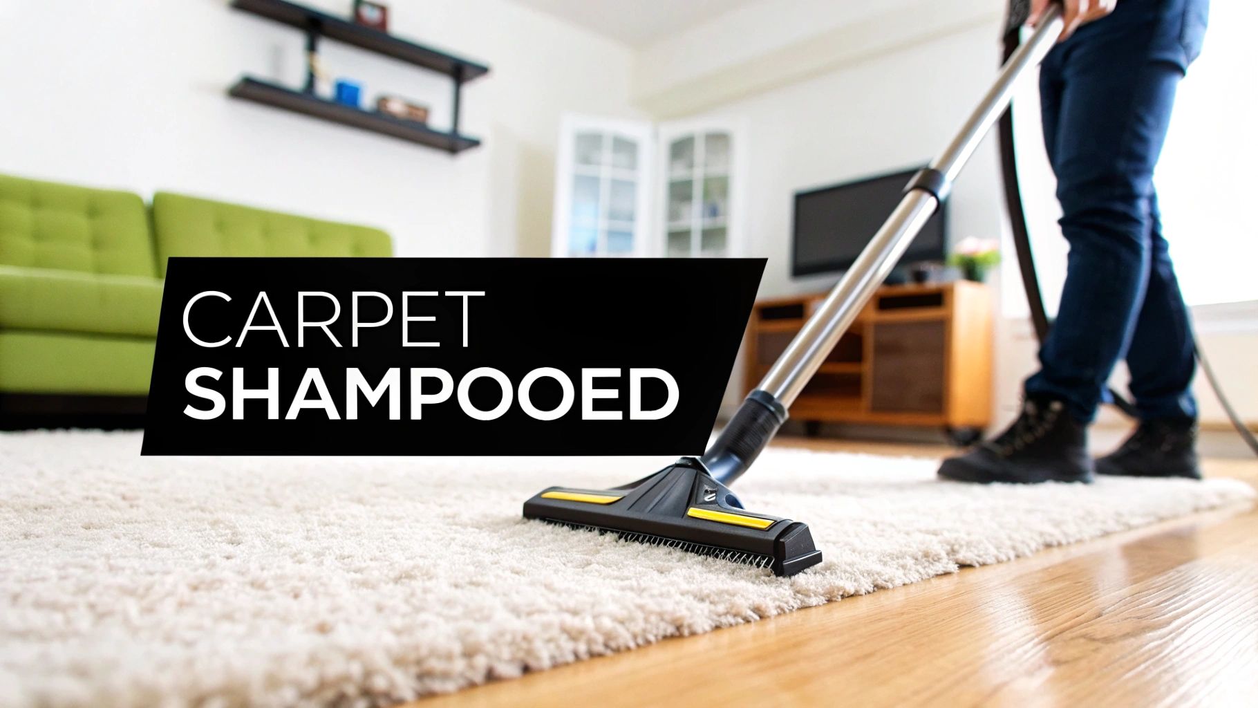A person vacuums a clean, fluffy white carpet on a wooden floor in a bright living room.