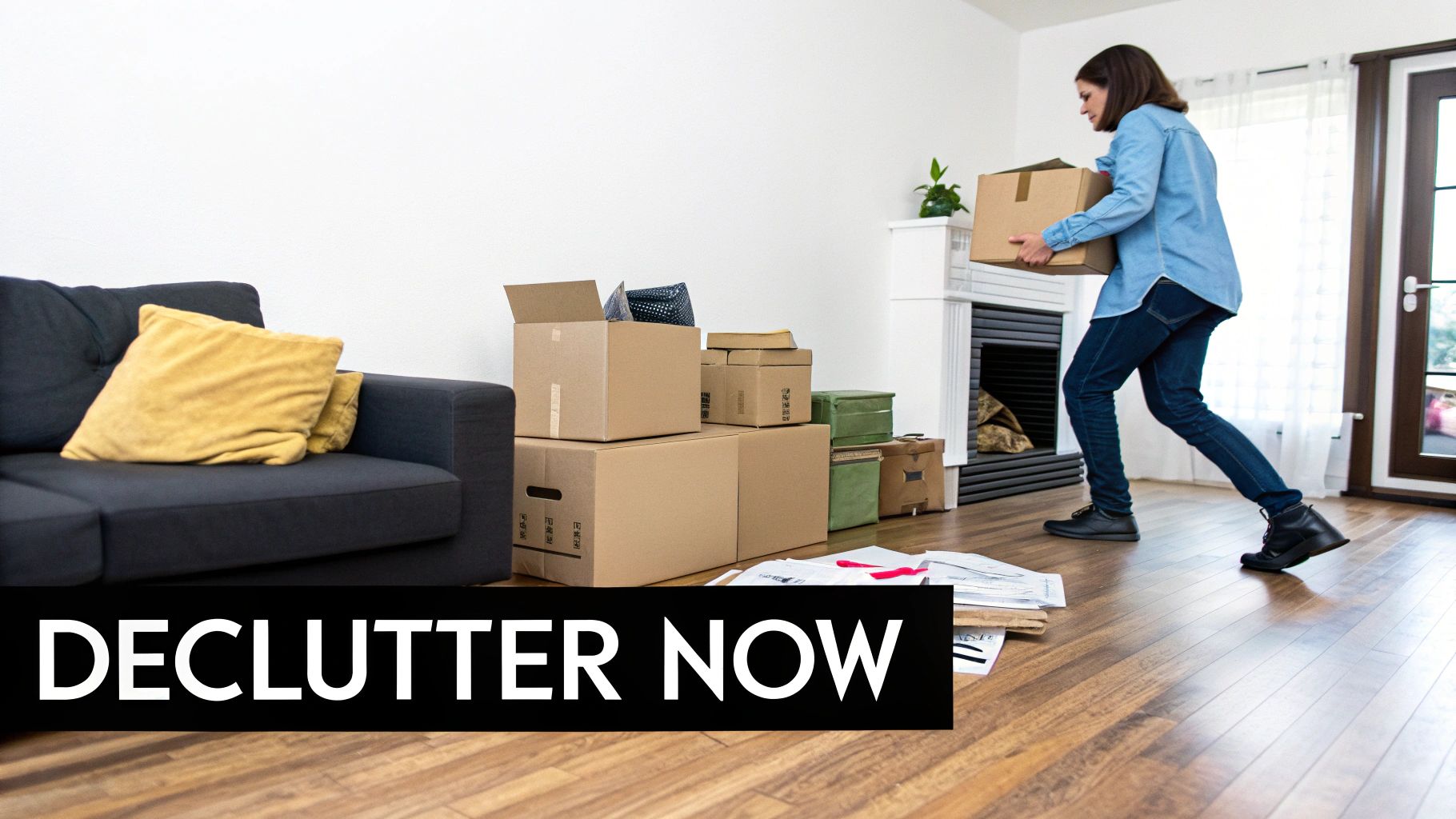 A woman carries a cardboard box in a living room with many moving boxes and a sofa.