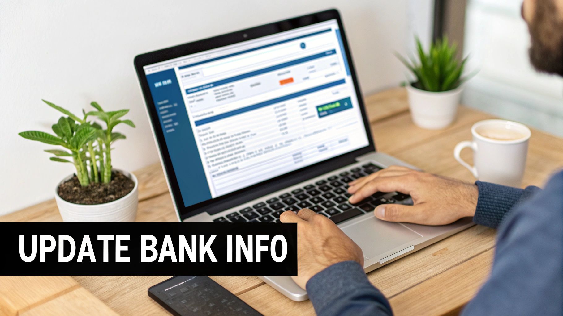 A person types on a laptop displaying a financial interface, with a text overlay "UPDATE BANK INFO" clearly visible.