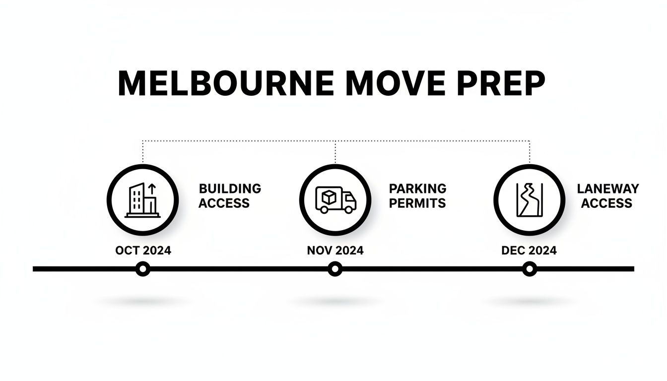 Timeline for Melbourne move preparation, detailing building access, parking permits, and laneway access across late 2024.