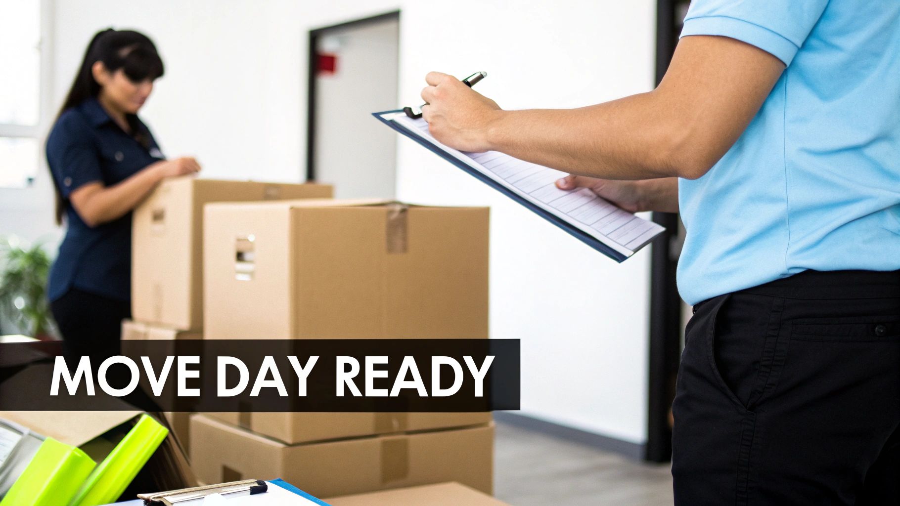 Two people preparing for a business move with many cardboard boxes and a checklist.