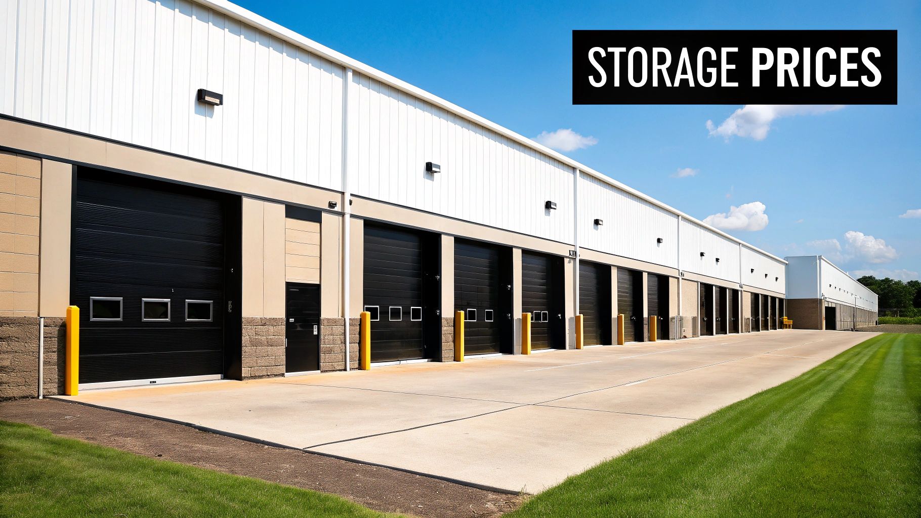 A clean and modern self-storage facility hallway with rows of blue and white doors.