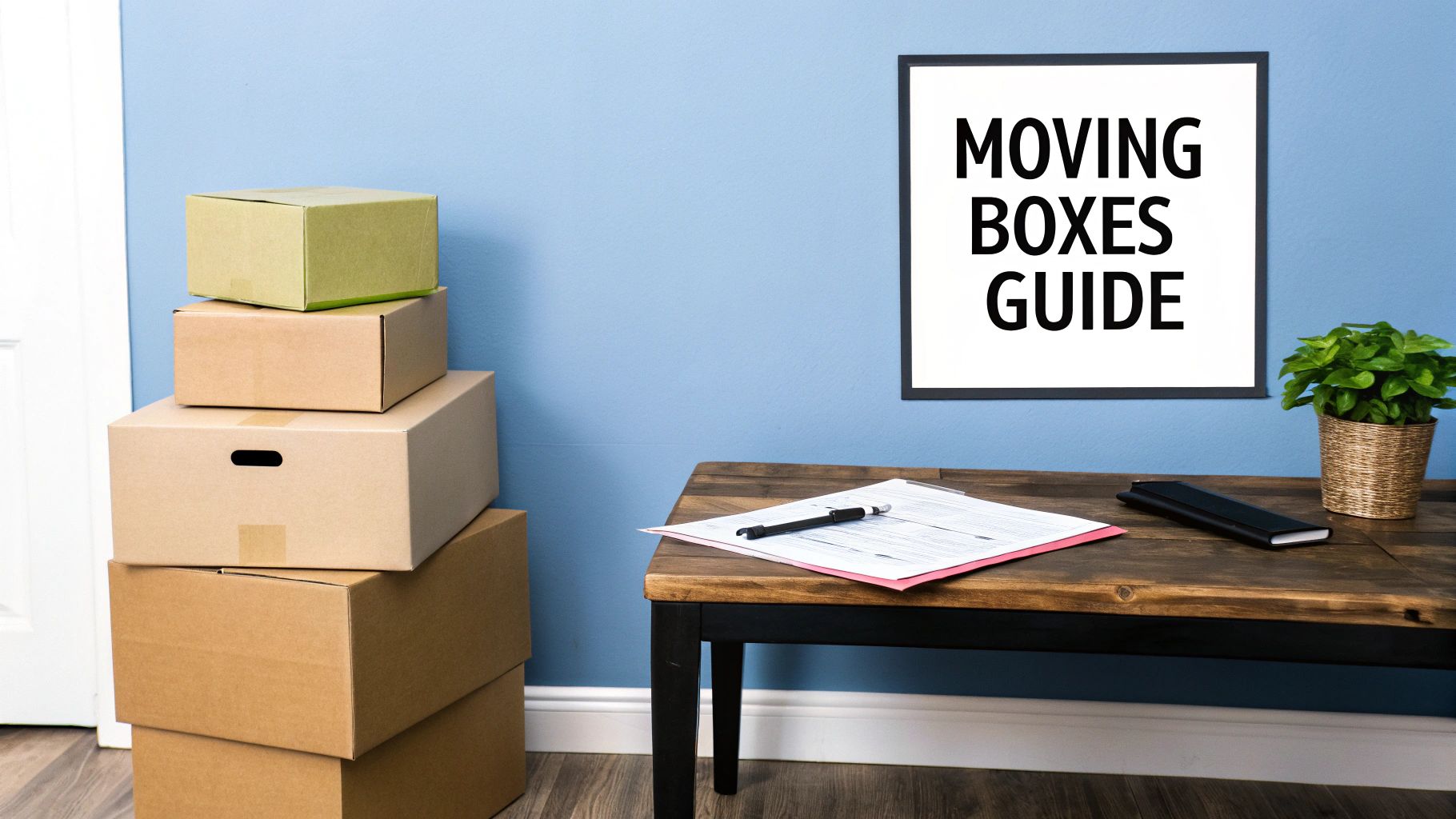A stack of moving boxes next to a wooden table with a 'MOVING BOXES GUIDE' sign, documents, and a potted plant.