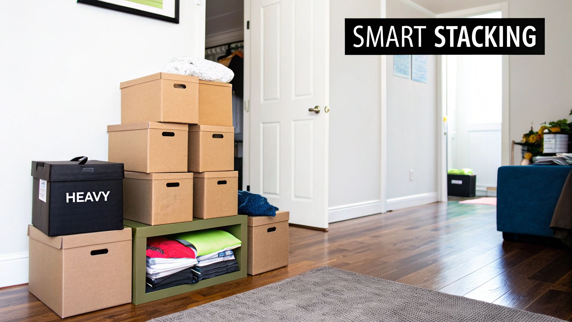 Clearly labelled moving boxes stacked securely against a wall.