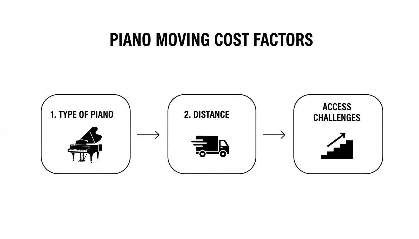 Infographic showing piano moving cost factors including type of piano, distance, and access challenges.