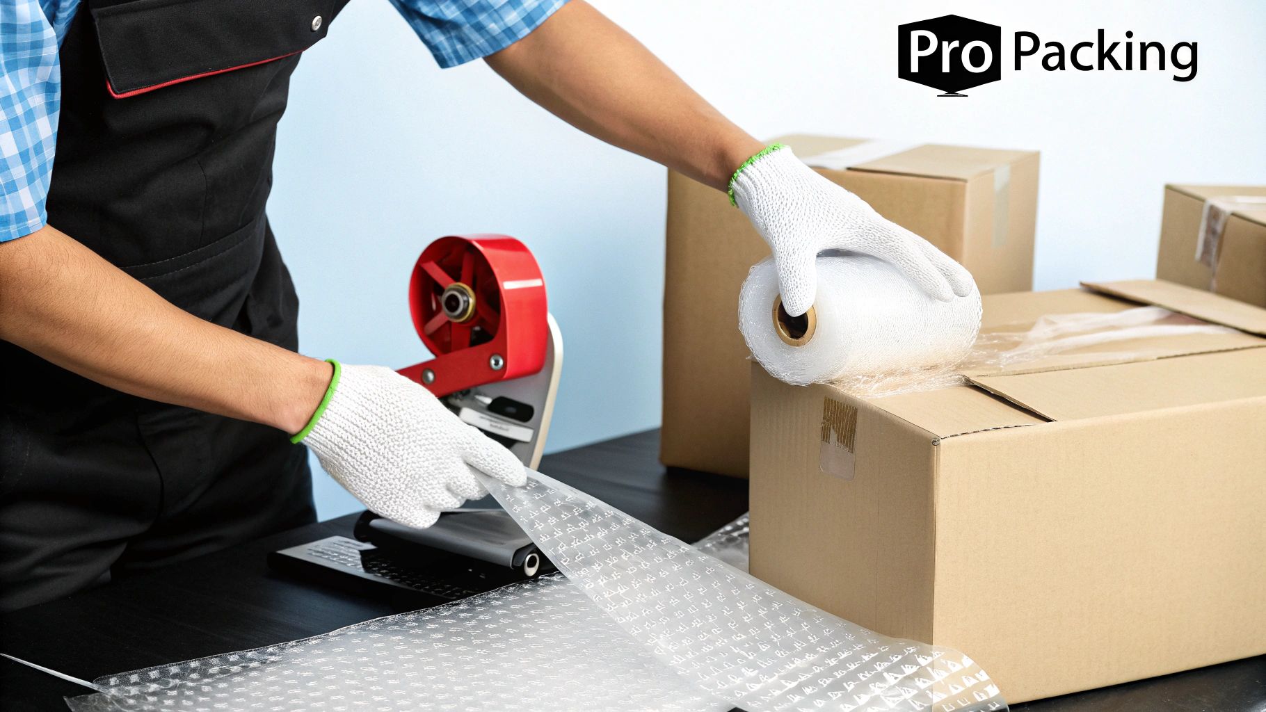 Two professional removalists carefully wrapping a piece of furniture in protective plastic wrap.