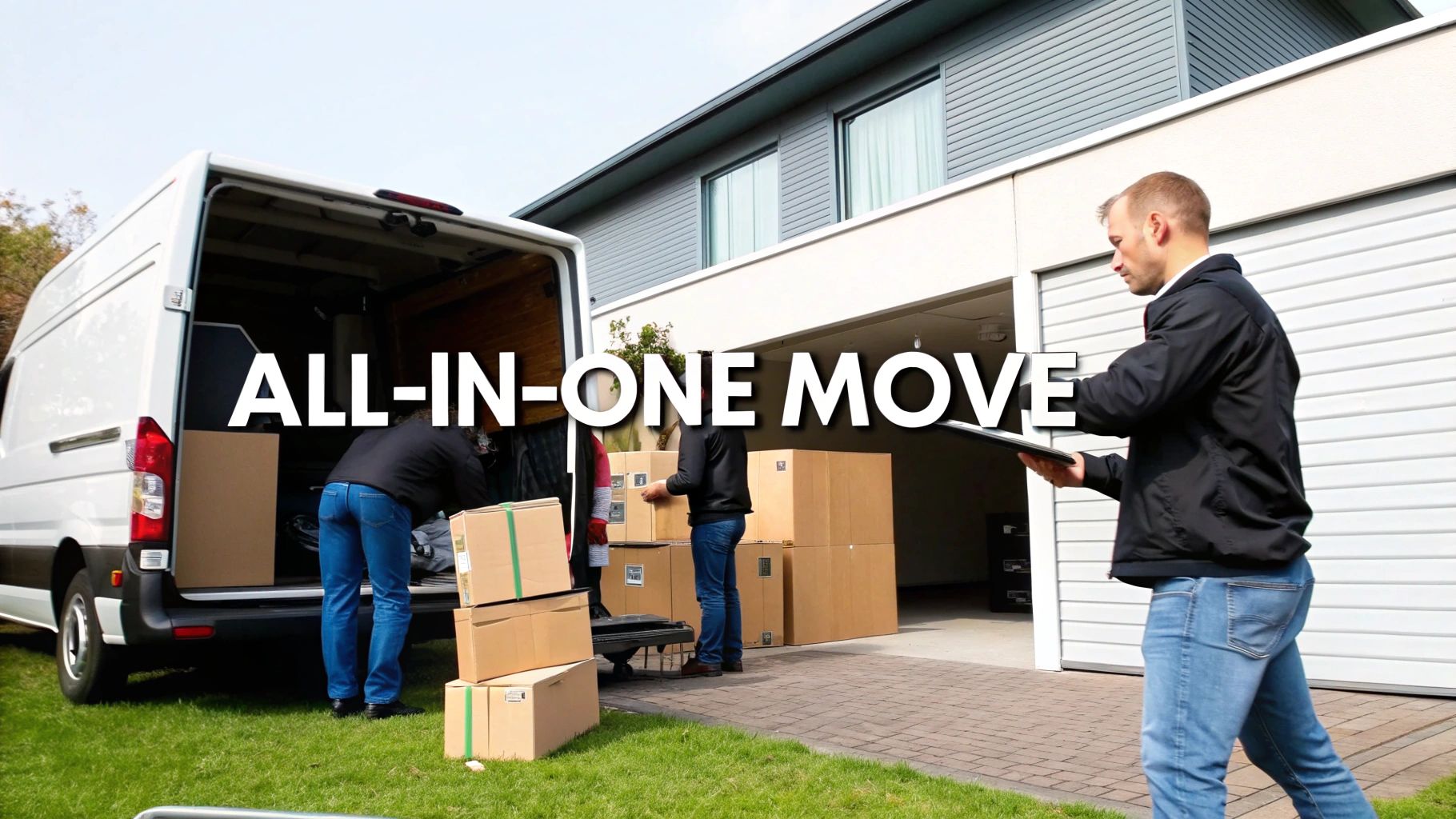 People moving cardboard boxes with a white van in front of a modern house, an all-in-one move.