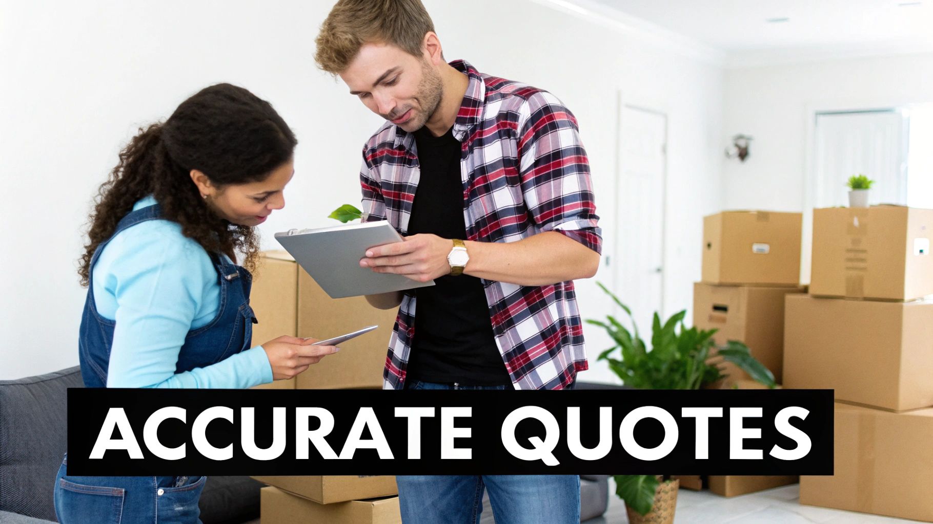 Two people, a man and a woman, reviewing documents amidst moving boxes in a bright room.