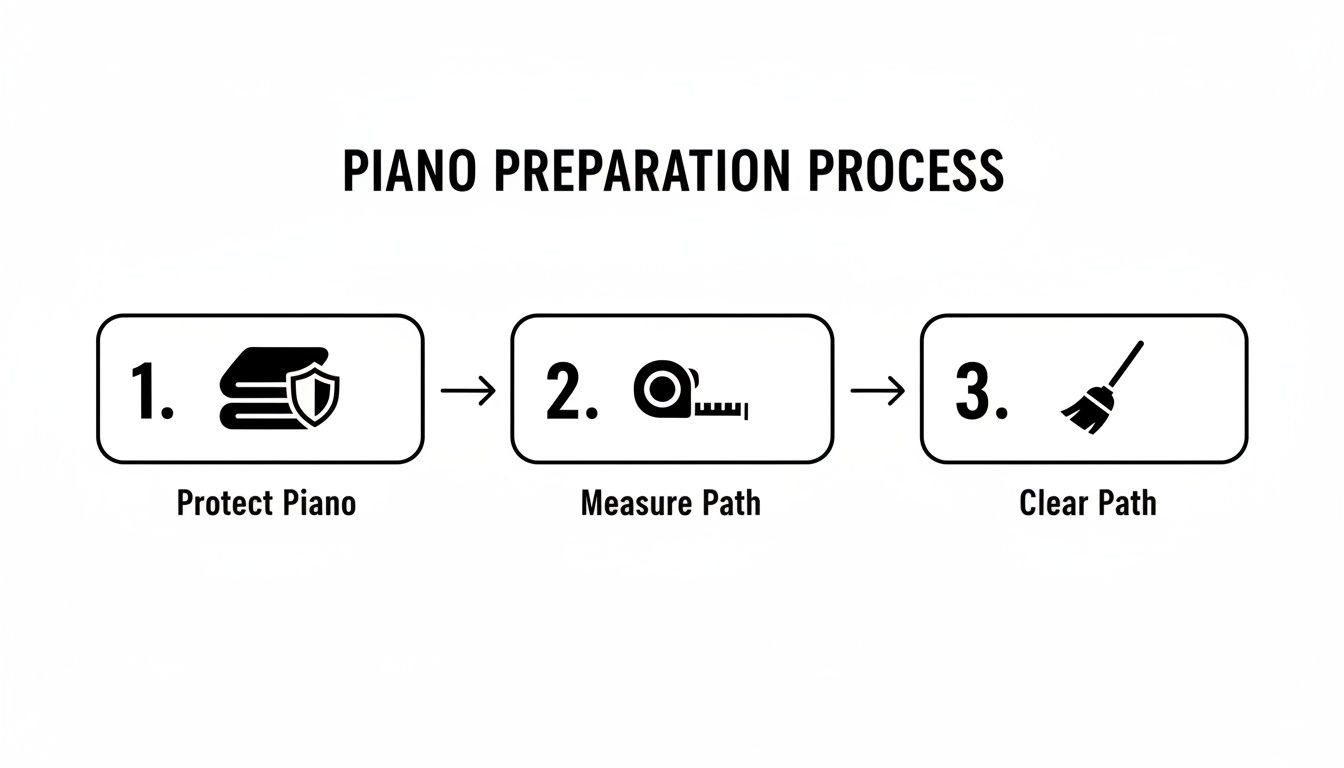 A three-step process for piano preparation: protect, measure path, and clear path.
