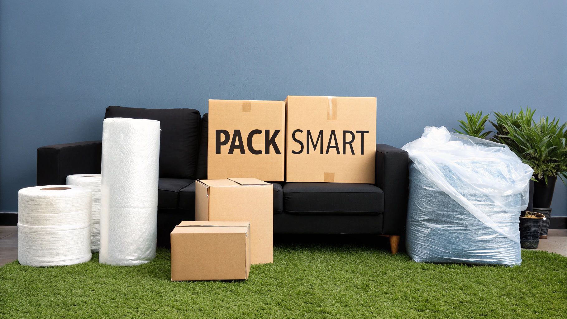 A person carefully wrapping a fragile item with bubble wrap, with moving boxes in the background.
