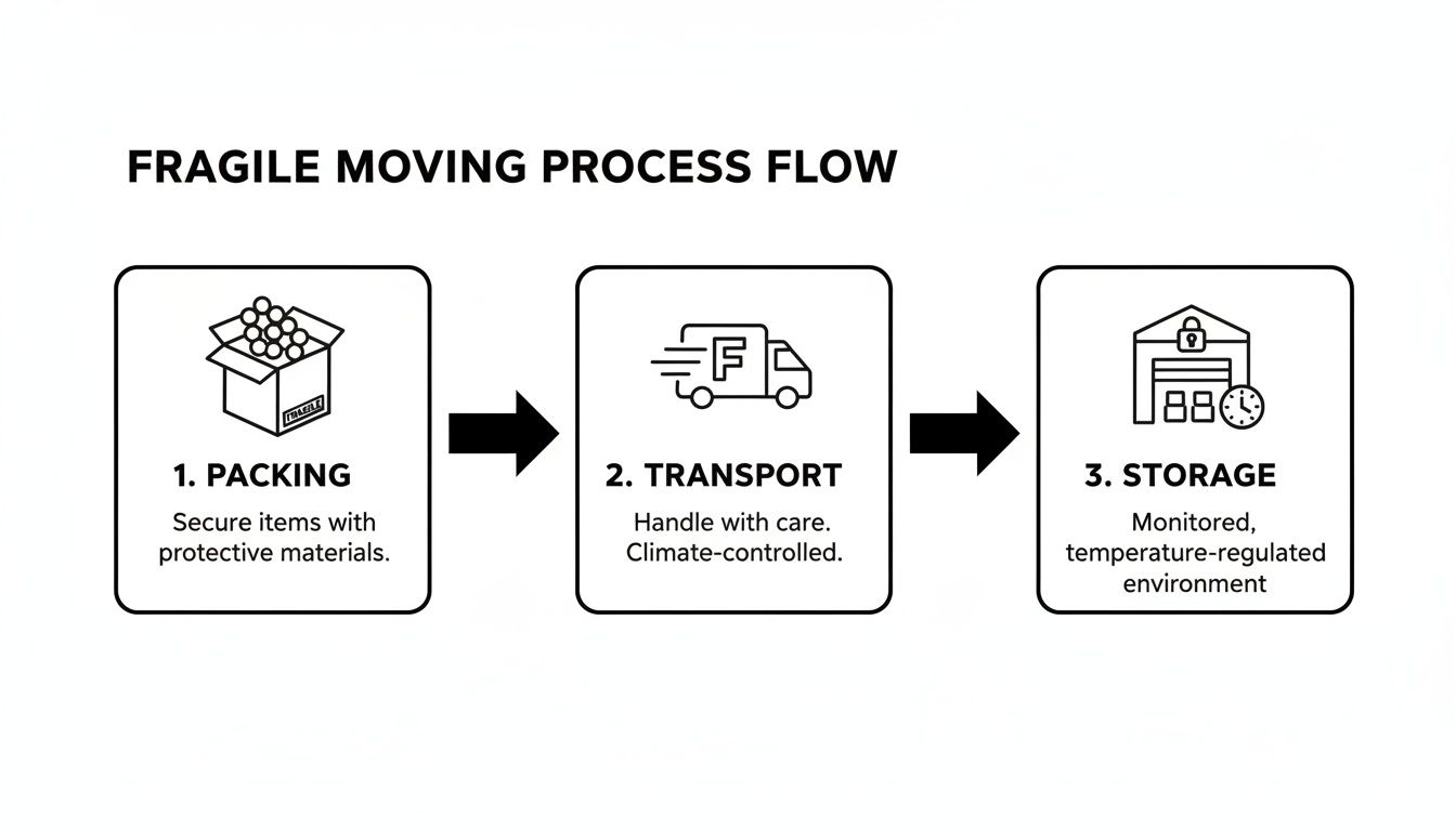 Process flow diagram showing three steps for fragile item moving: packing, transport, and storage.