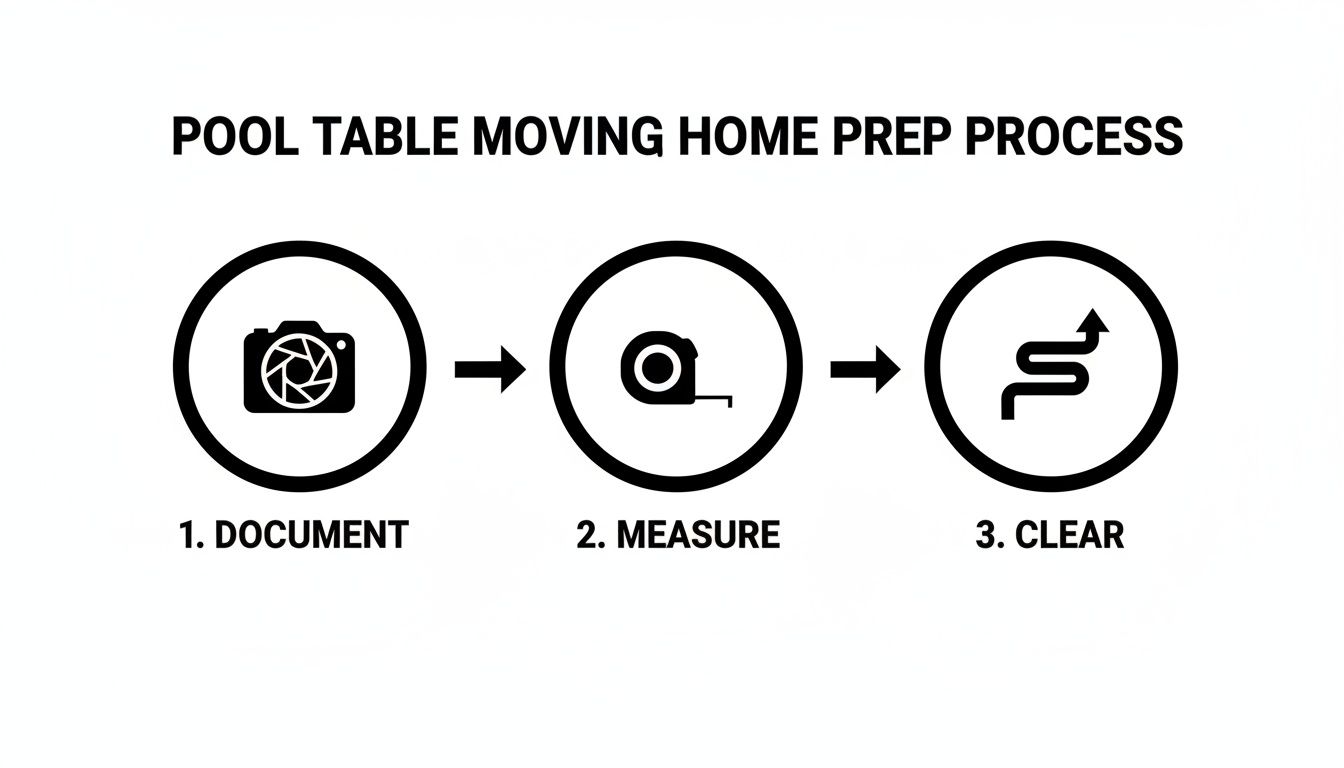 Infographic outlining three steps for pool table moving home preparation: document, measure, and clear.