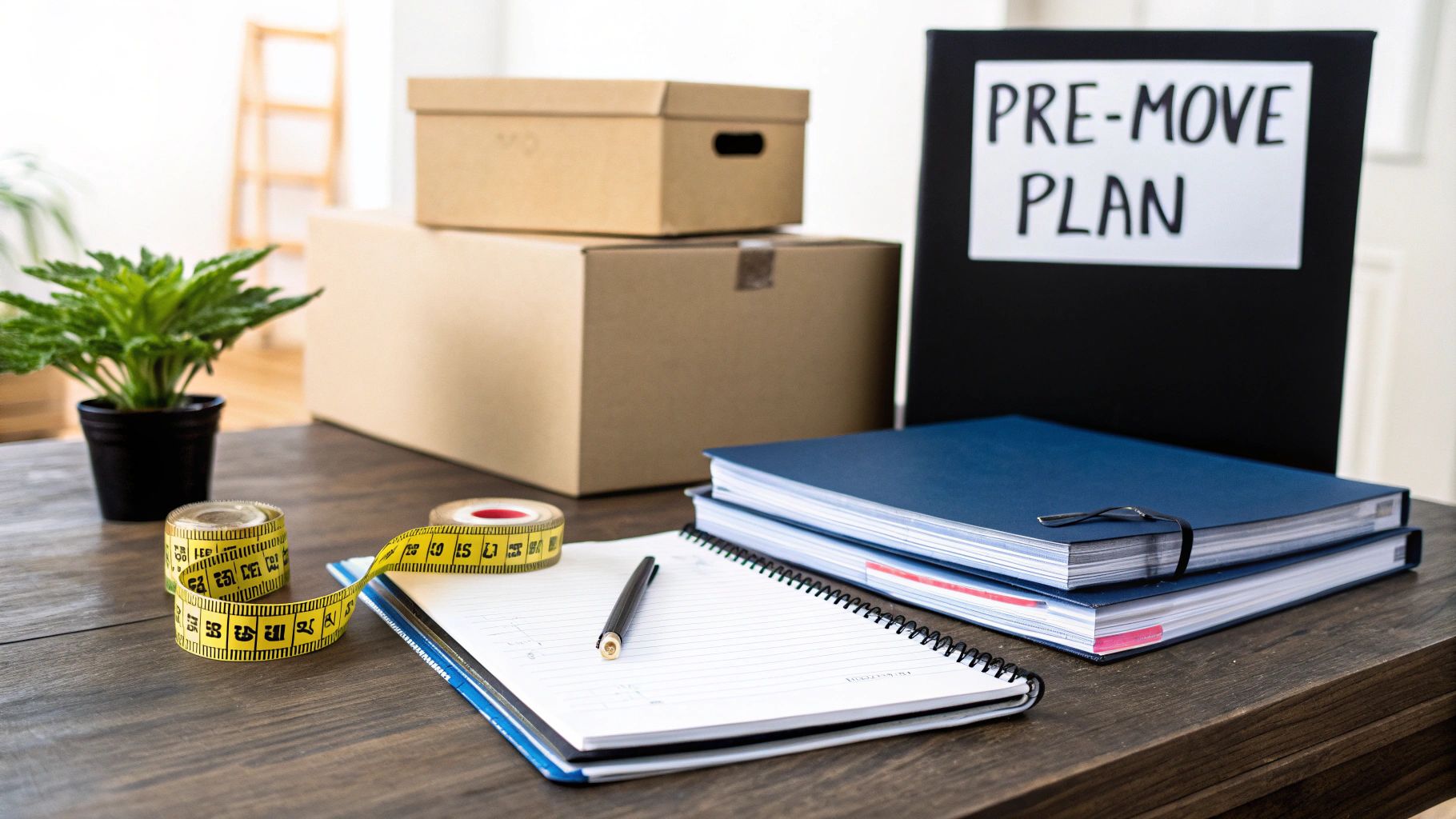 Desk with 'PRE-MOVE PLAN' binder, cardboard boxes, measuring tapes, and notebooks for relocation planning.