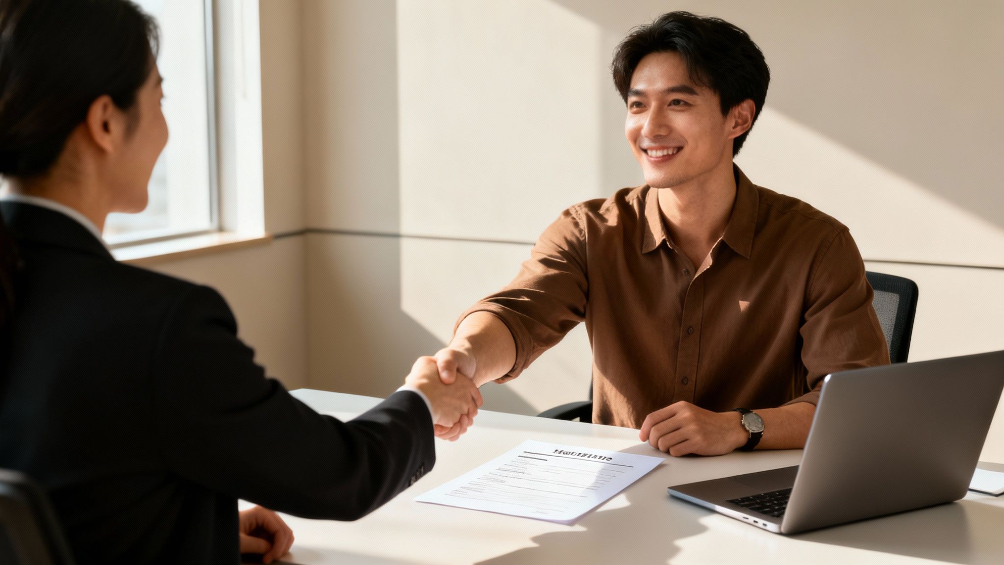Two smiling business professionals shaking hands across a table during a job interview or meeting.