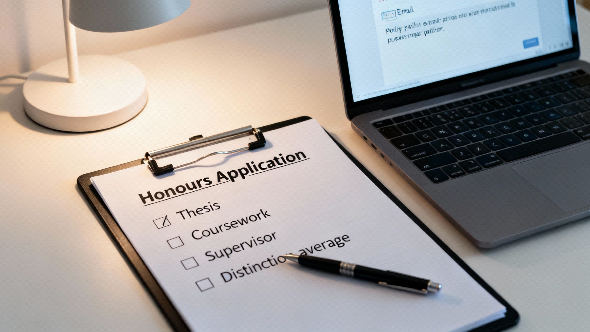 A student's desk with an Honours Application form, a laptop, and a pen.