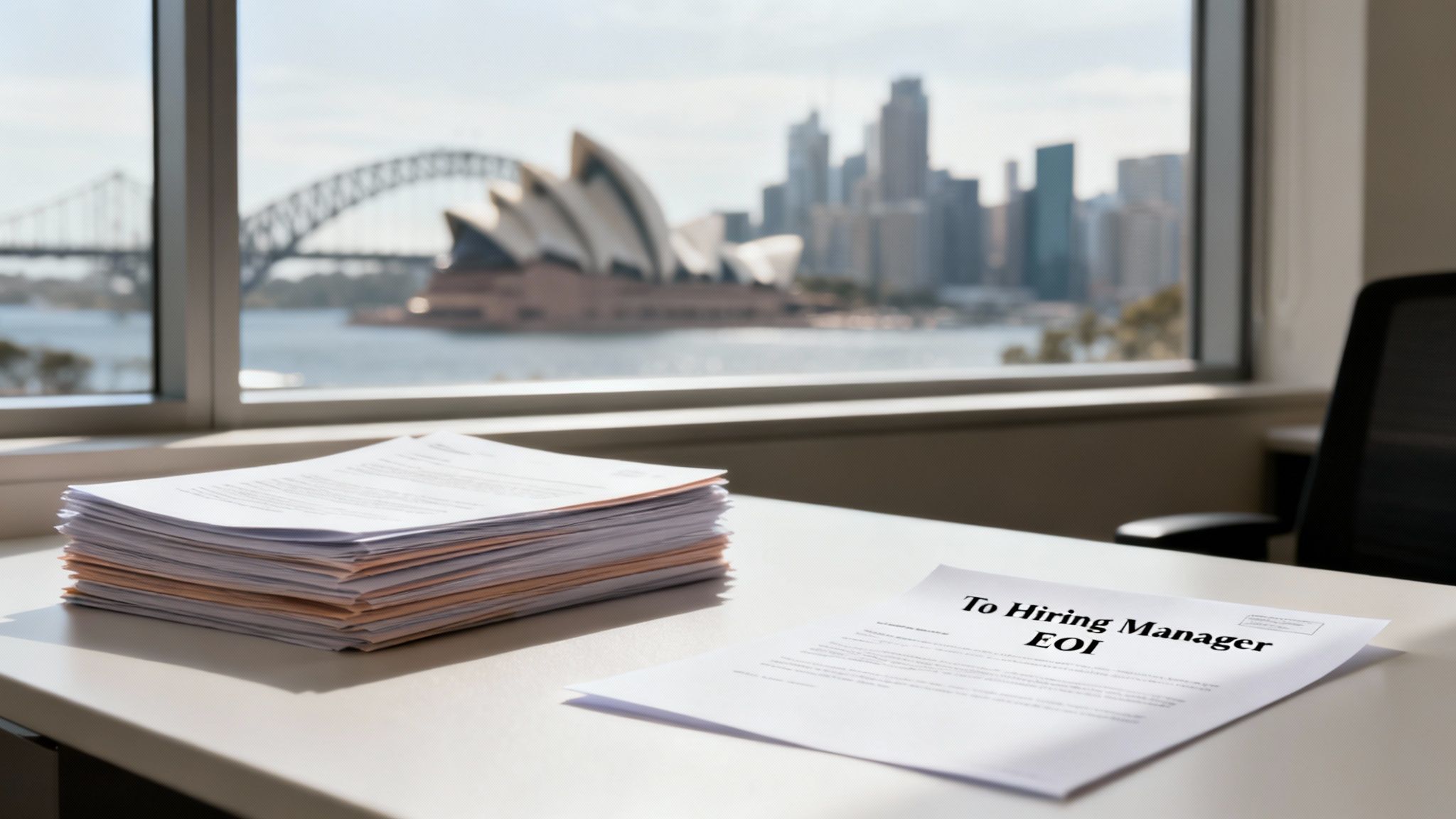 A desk with documents, one titled 'To Hiring Manager EOI', overlooking Sydney Opera House and city.