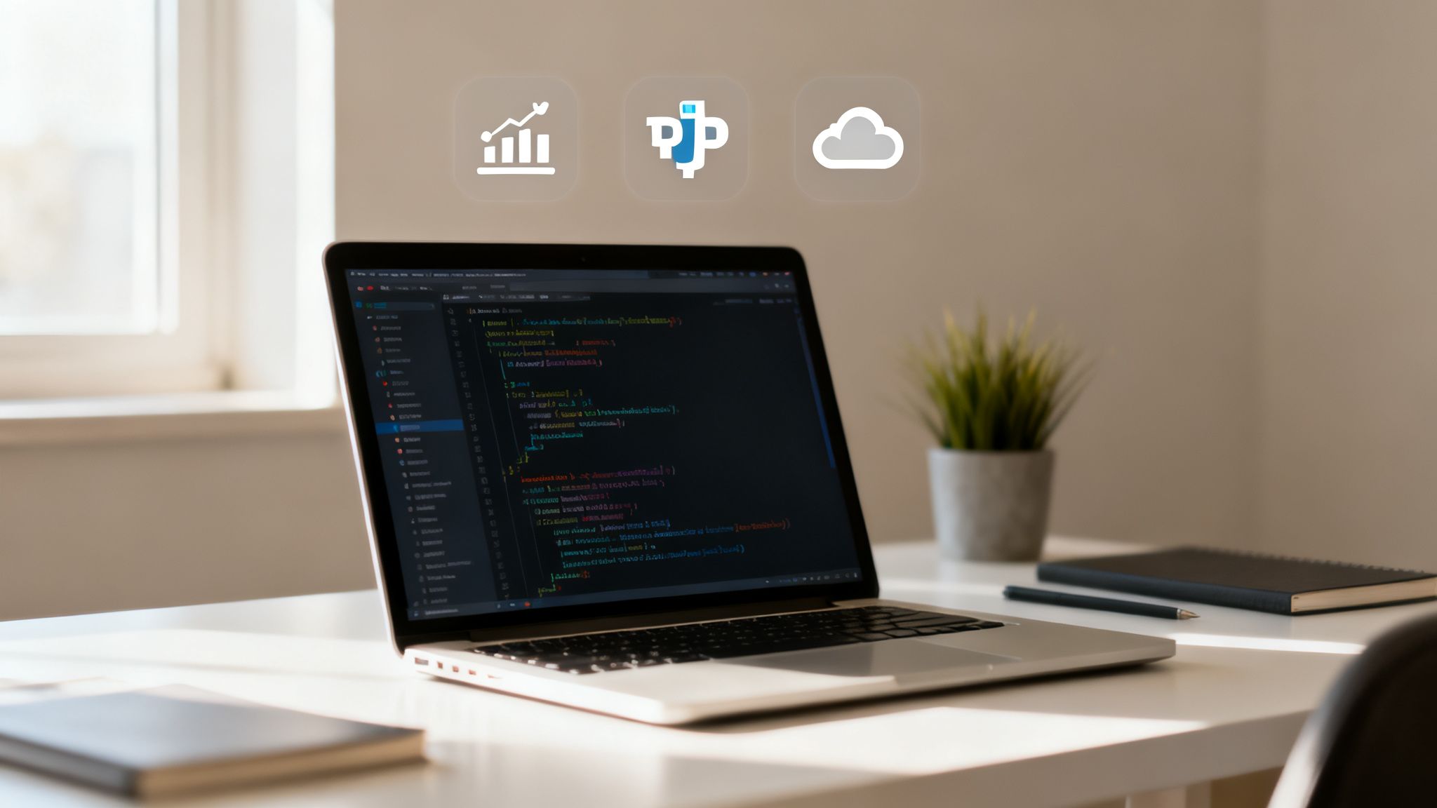 A laptop on a white desk displays code, with digital icons for growth, a logo, and a cloud above.