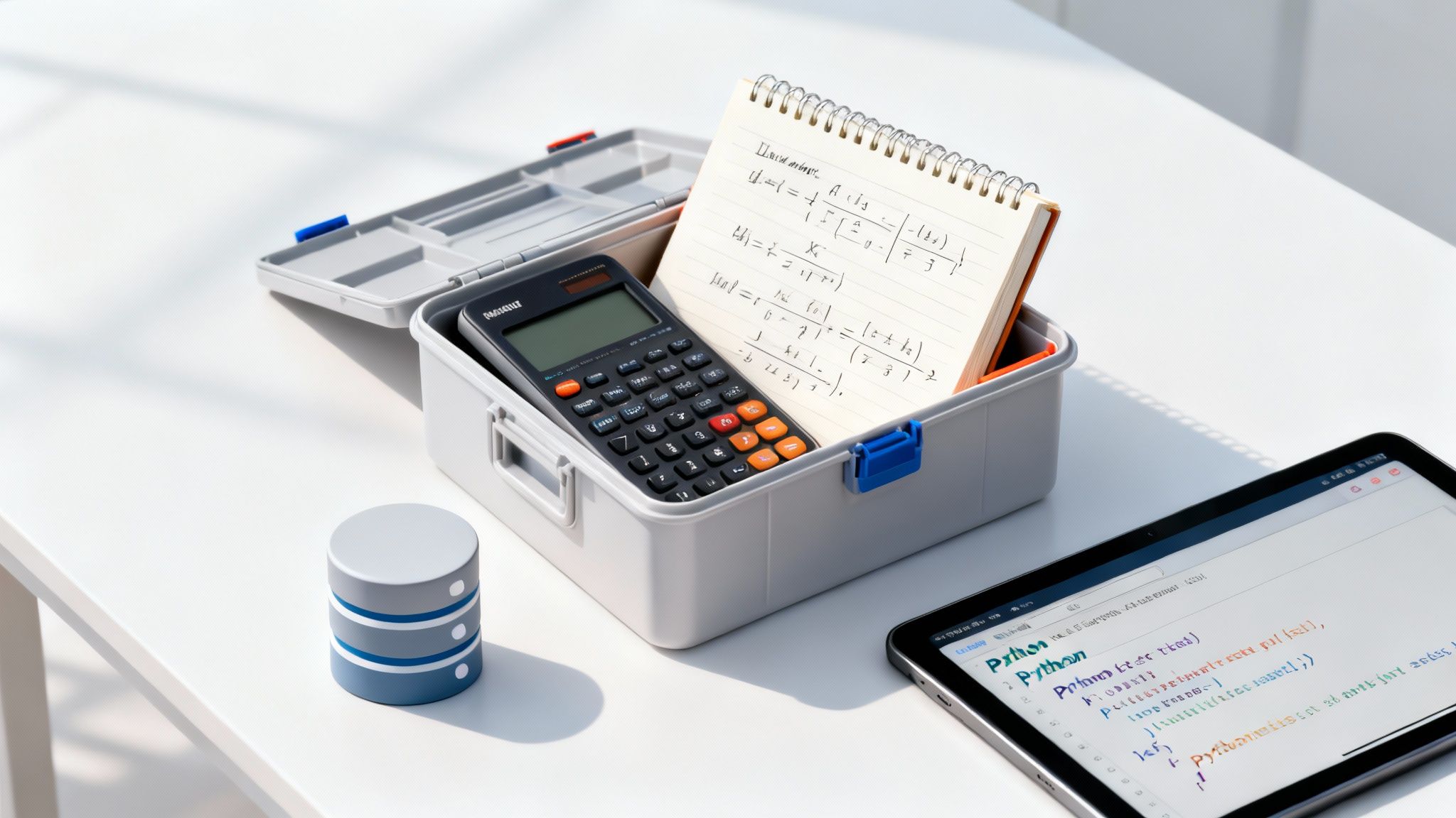 A data science setup with a calculator, math notebook, tablet coding, and a database icon.
