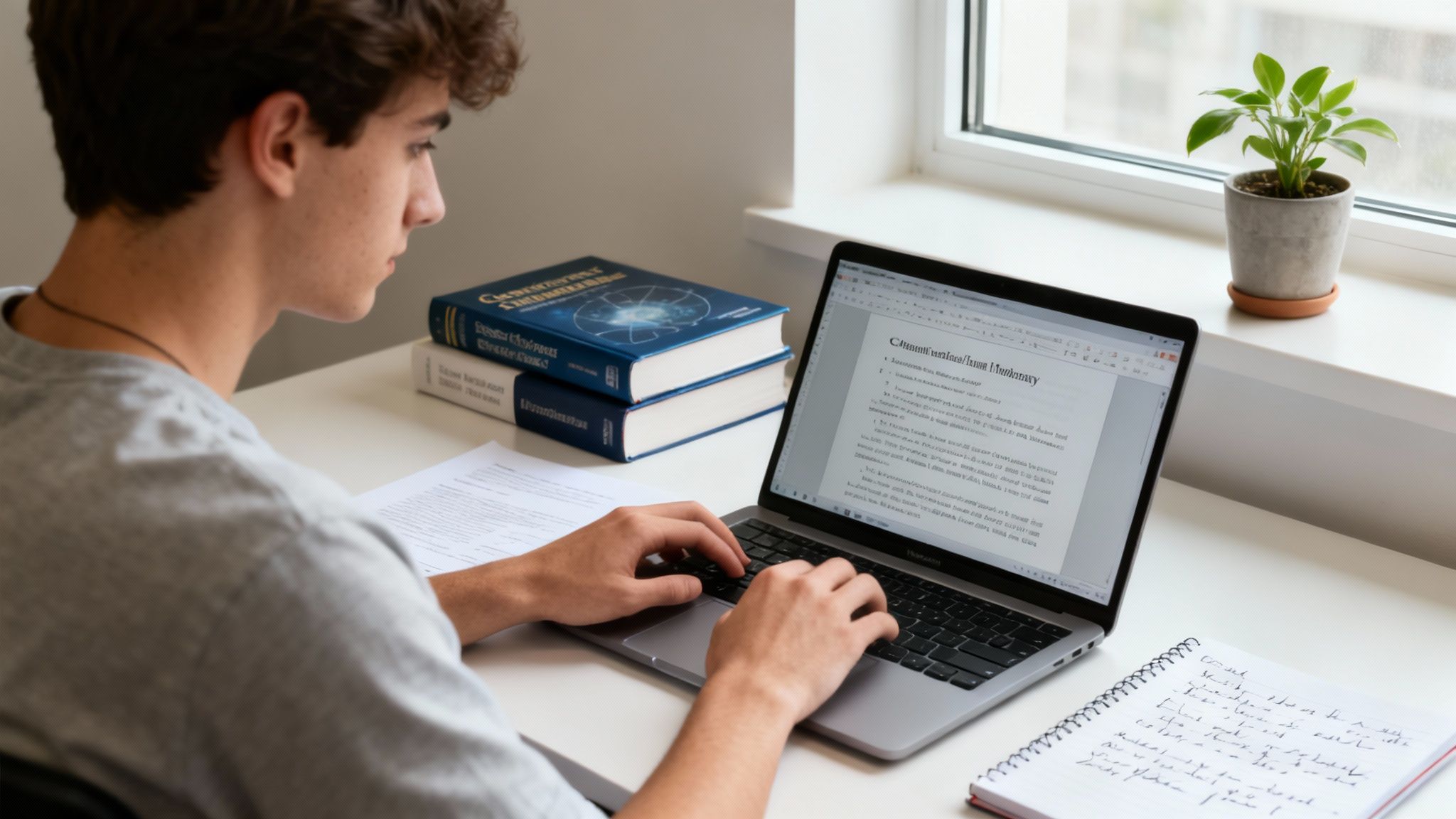 A young student is focused on typing on a laptop at a desk, surrounded by books and a notebook.