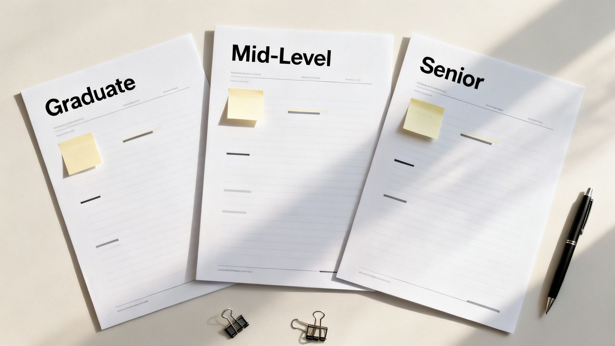 Three white documents titled 'Graduate', 'Mid-Level', 'Senior' with sticky notes, pen, and clips.
