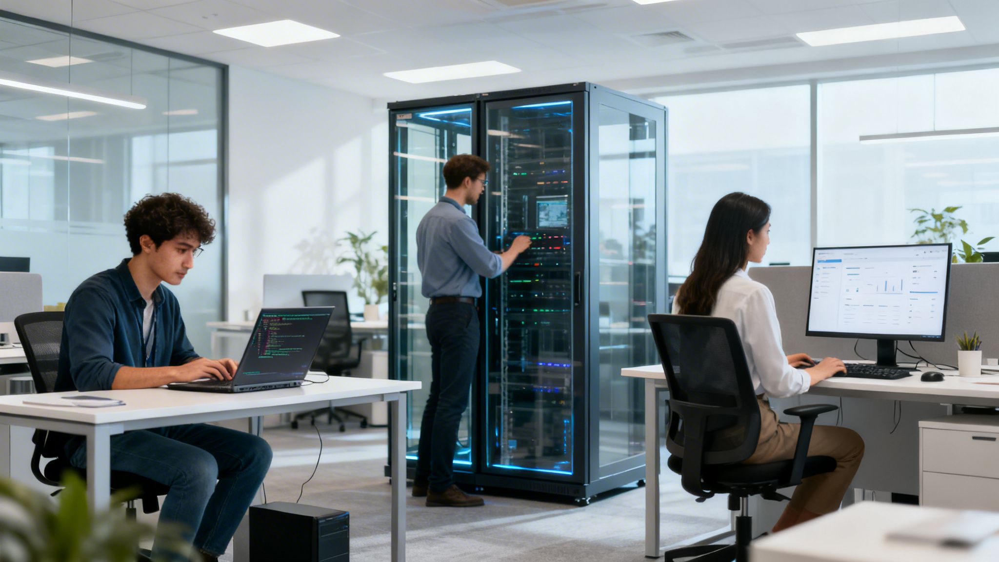 Three IT professionals working in a modern office, one managing servers, two coding and analyzing data.