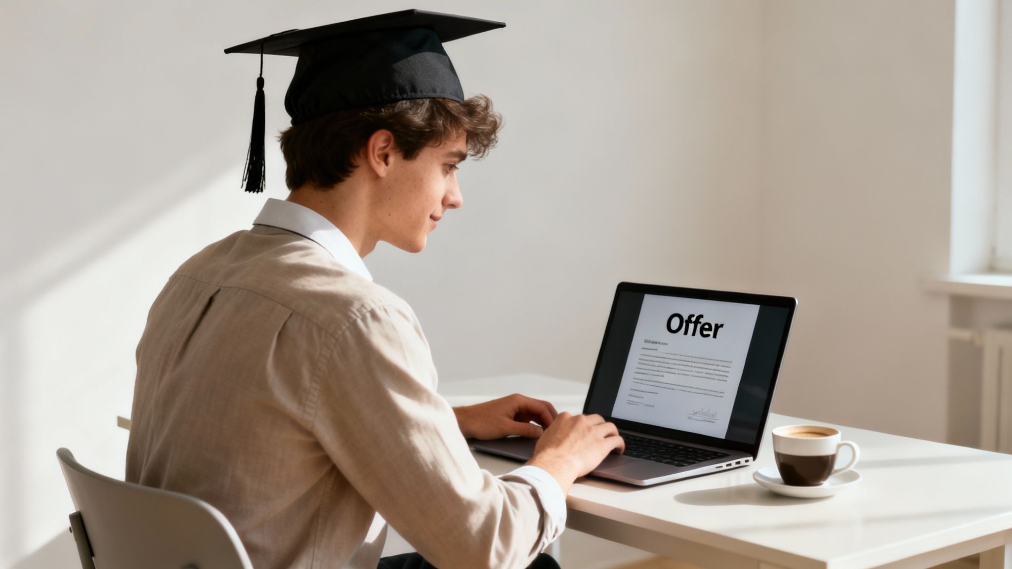 A recent graduate views a job offer on a laptop, with a coffee cup nearby.