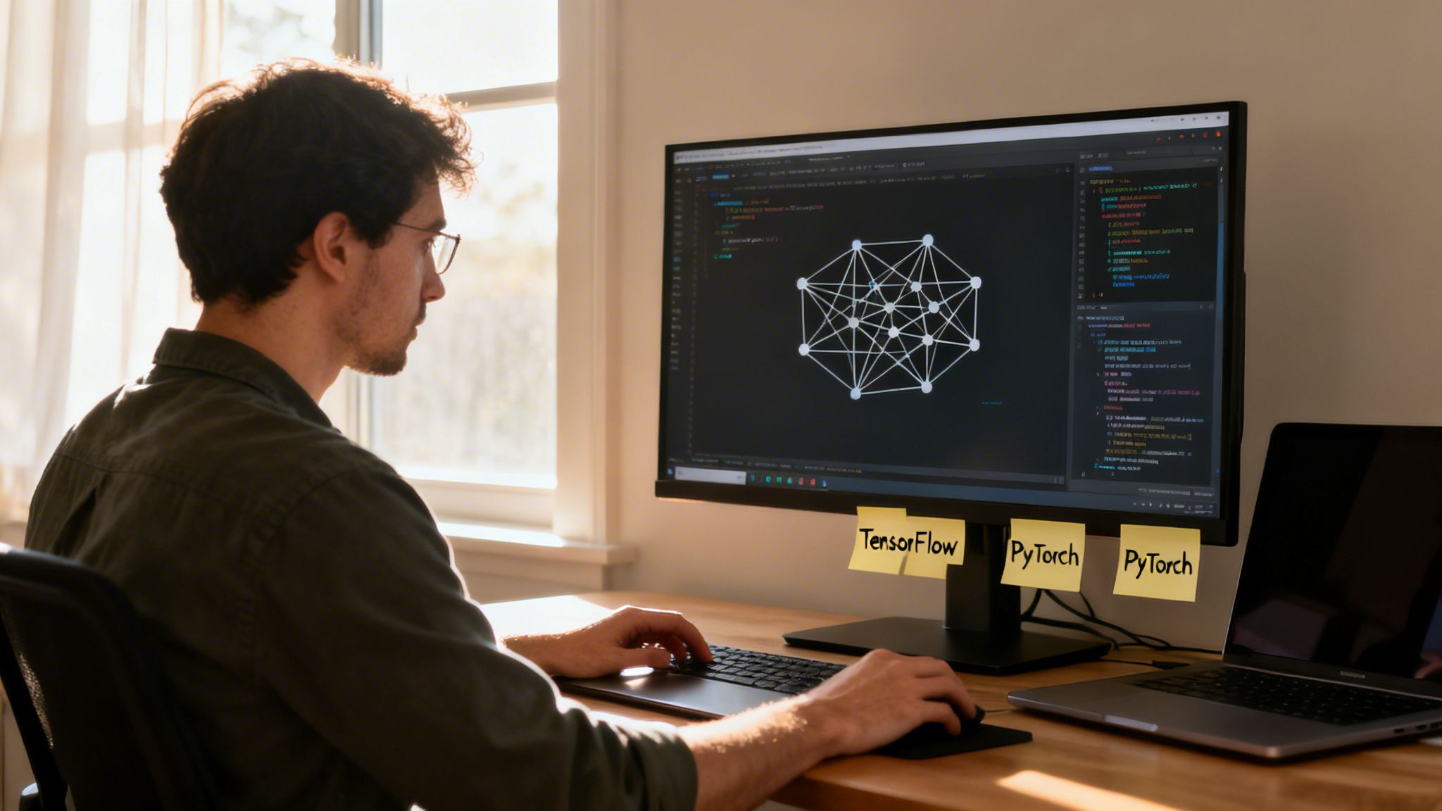 A man coding on a computer with a neural network diagram, TensorFlow, and PyTorch sticky notes.