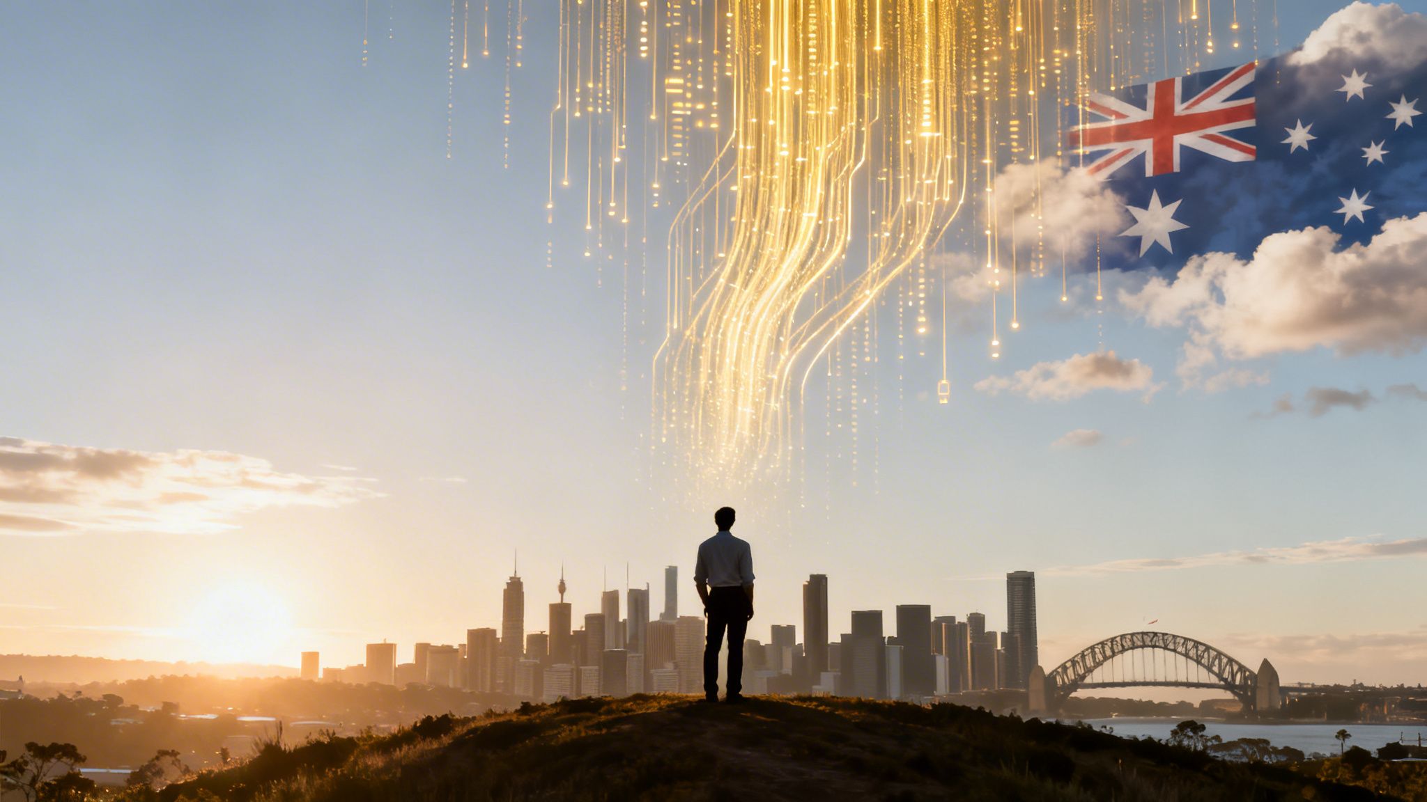A man watches golden data streams flow into a modern Australian city with a flag.