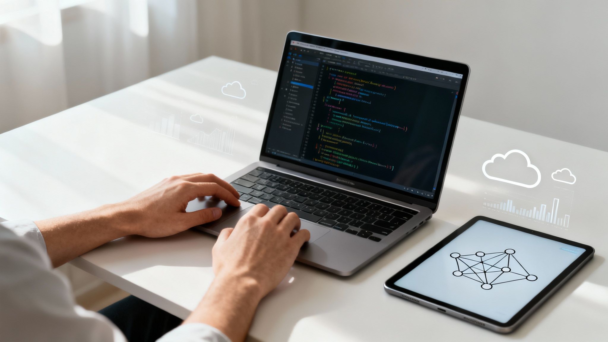 Person coding on a laptop with cloud computing and data analytics visuals, beside a tablet displaying a network diagram.