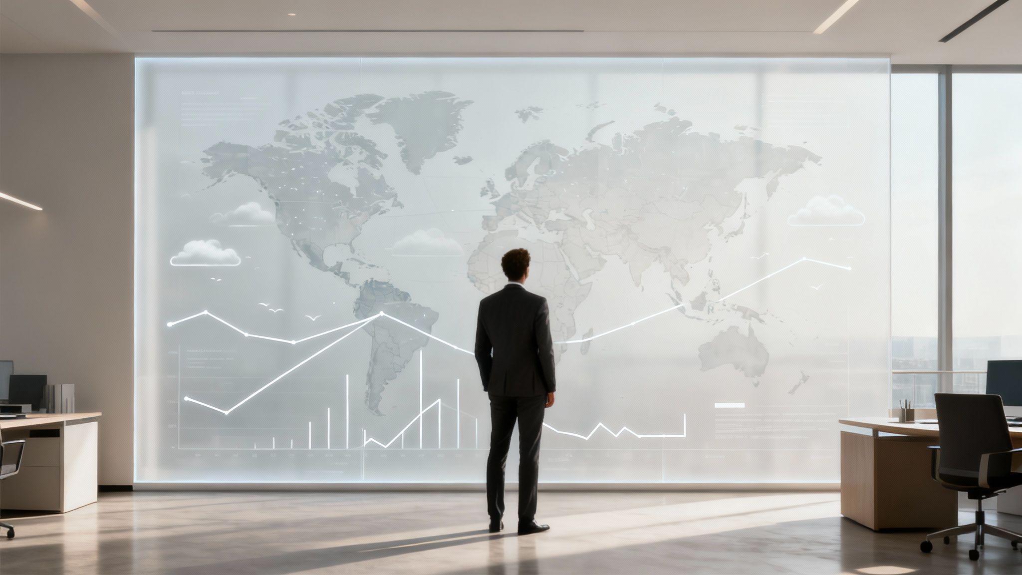 Man in suit observes global data analytics on a large interactive office screen.