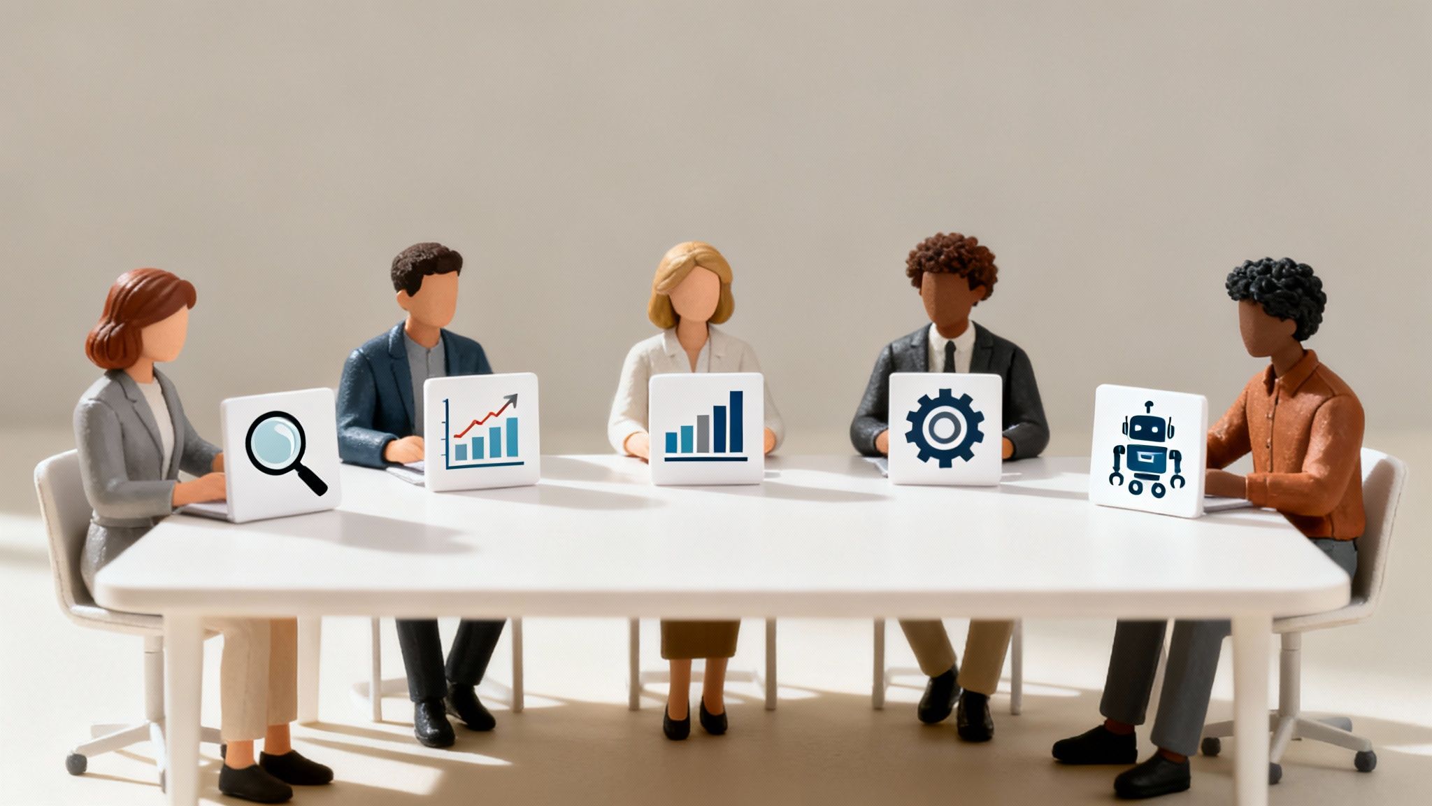 Diverse miniature figures at a table with laptops displaying data analysis, technology, and AI icons.